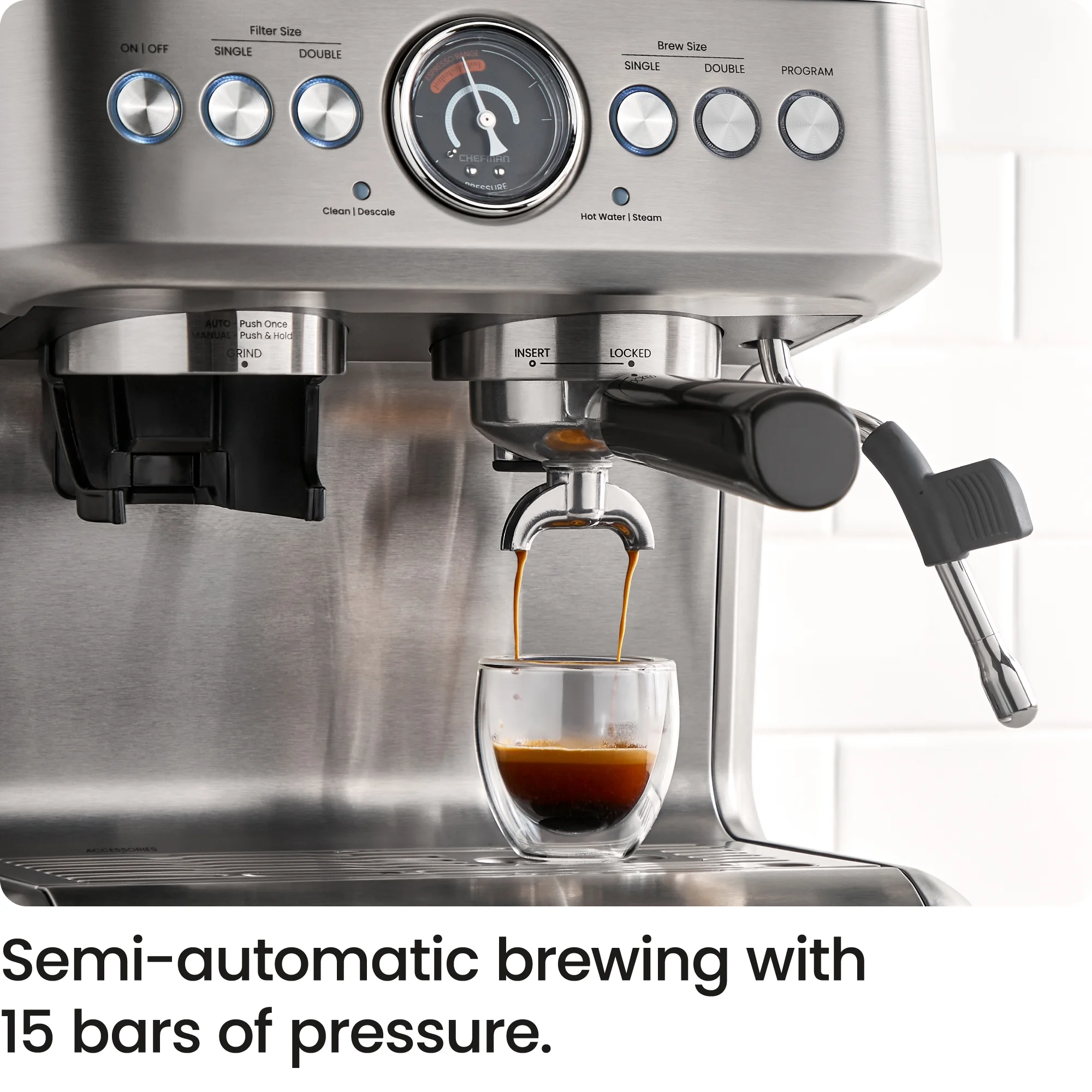 Chefman Crema Supreme Espresso Machine with Conical Burussian River Grinder and Steam Wand A?? Stainless Steel, New