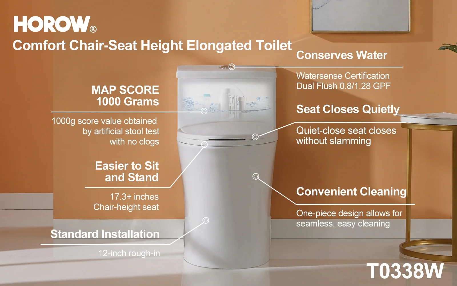 Compact One Piece Toilet with Comfort Seat ADA Height 17.3" Elongated Dual Flush 0.8/1.28 GPF(12 Rough-In/White with Chrome Button) - Image 6