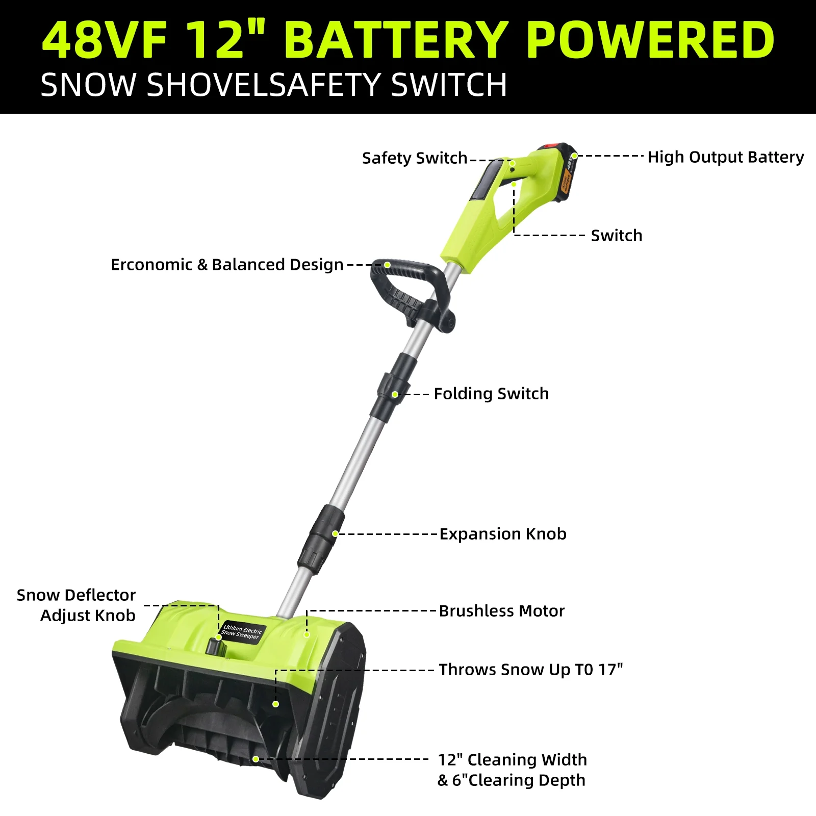 Electric Snow Blower, 12" Cordless Snow Thrower Battery-Powered Adjustable Handle 20V Snow Shovel - Image 6