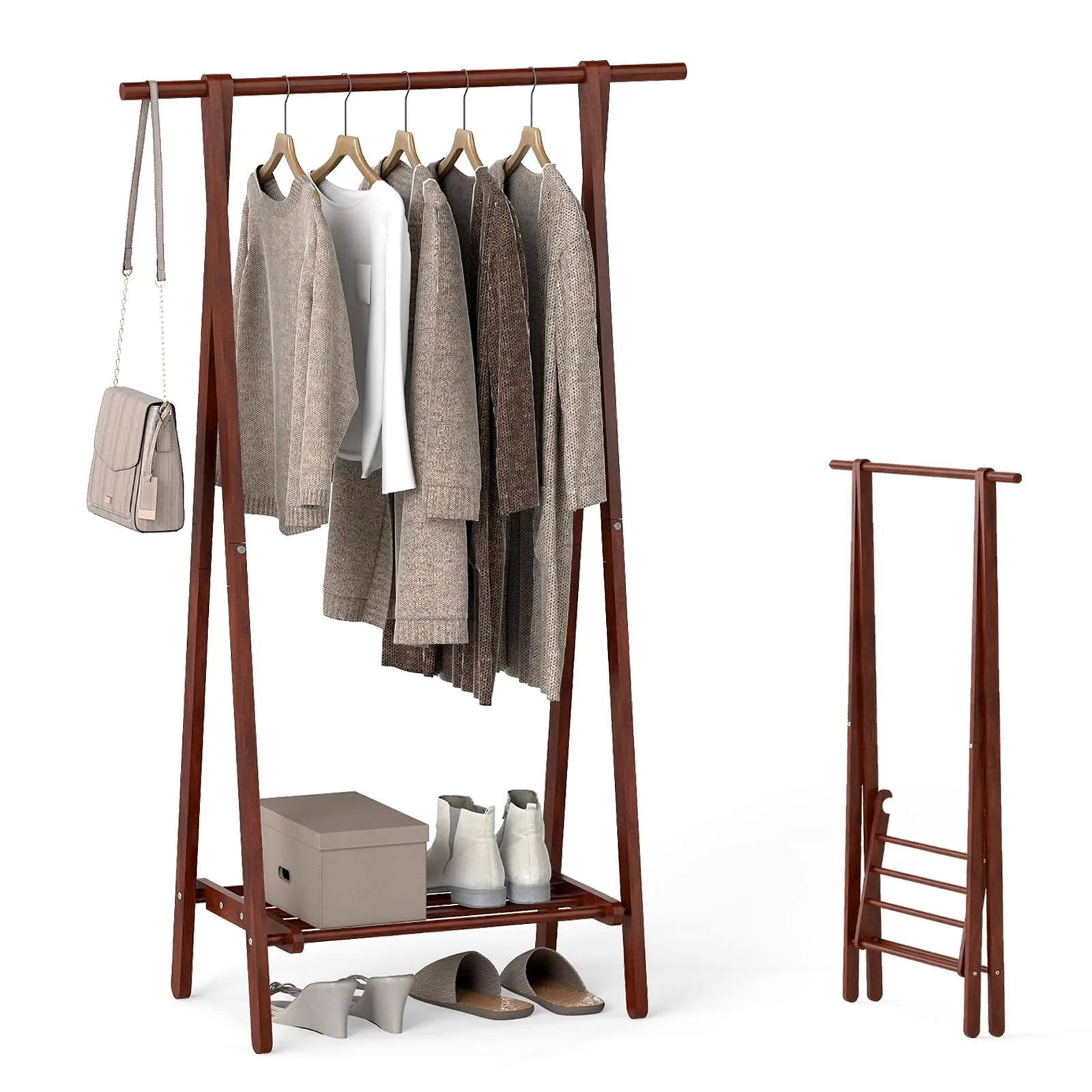 Tangkula Folding Rubber Wood Clothes Hanging Rack