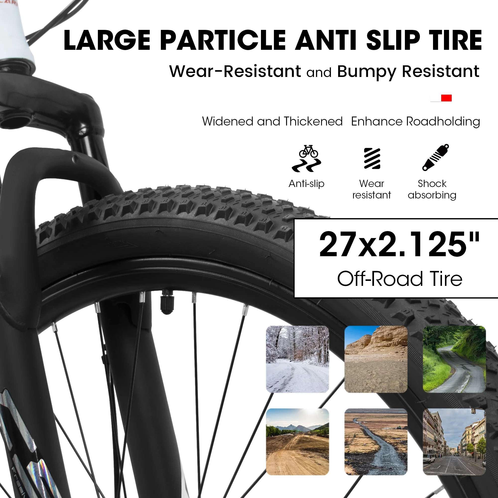 27" Mountain Bike, 21 Speed High Carbon Steel Frame Bicycle with Suspension Fork Disc Brake for Men Women, White - Image 5