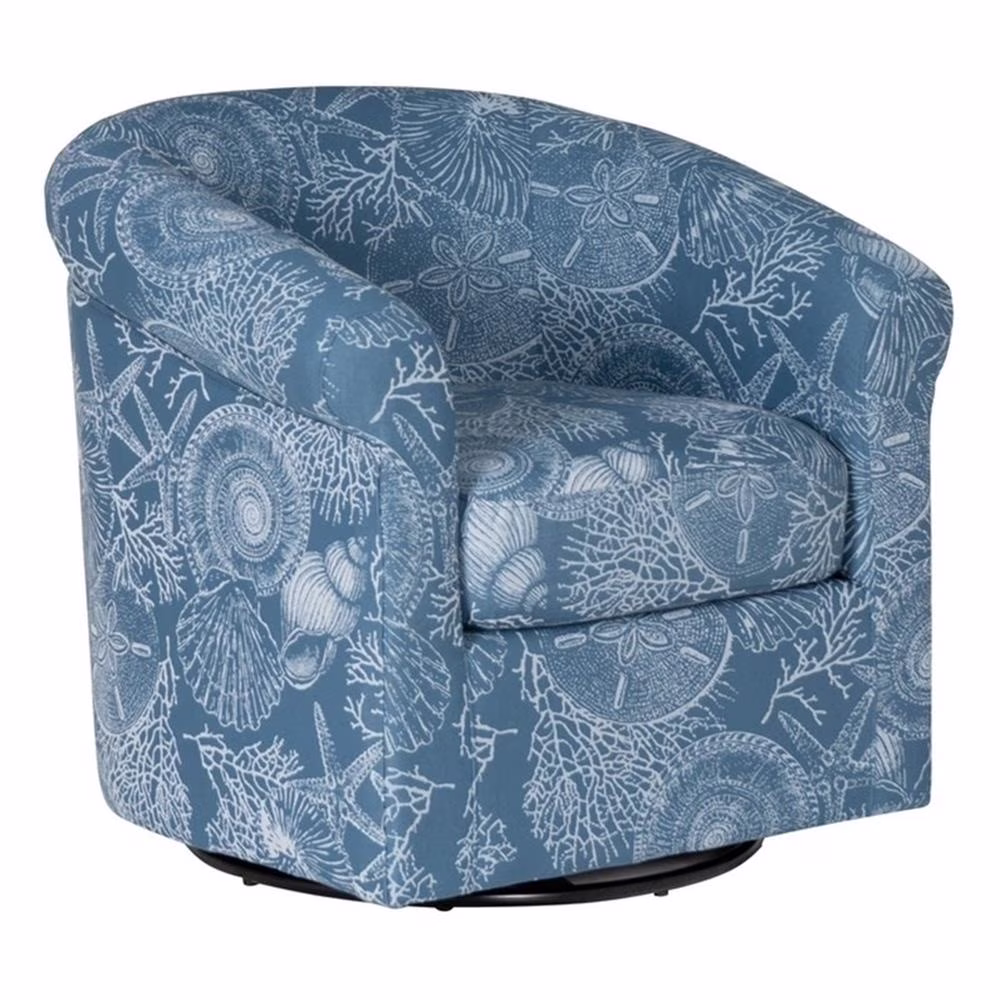 Rhea Fully Upholstered Coastal Swivel Club Chair in Blue Seashell Pattern(Denim Coastal Blue)