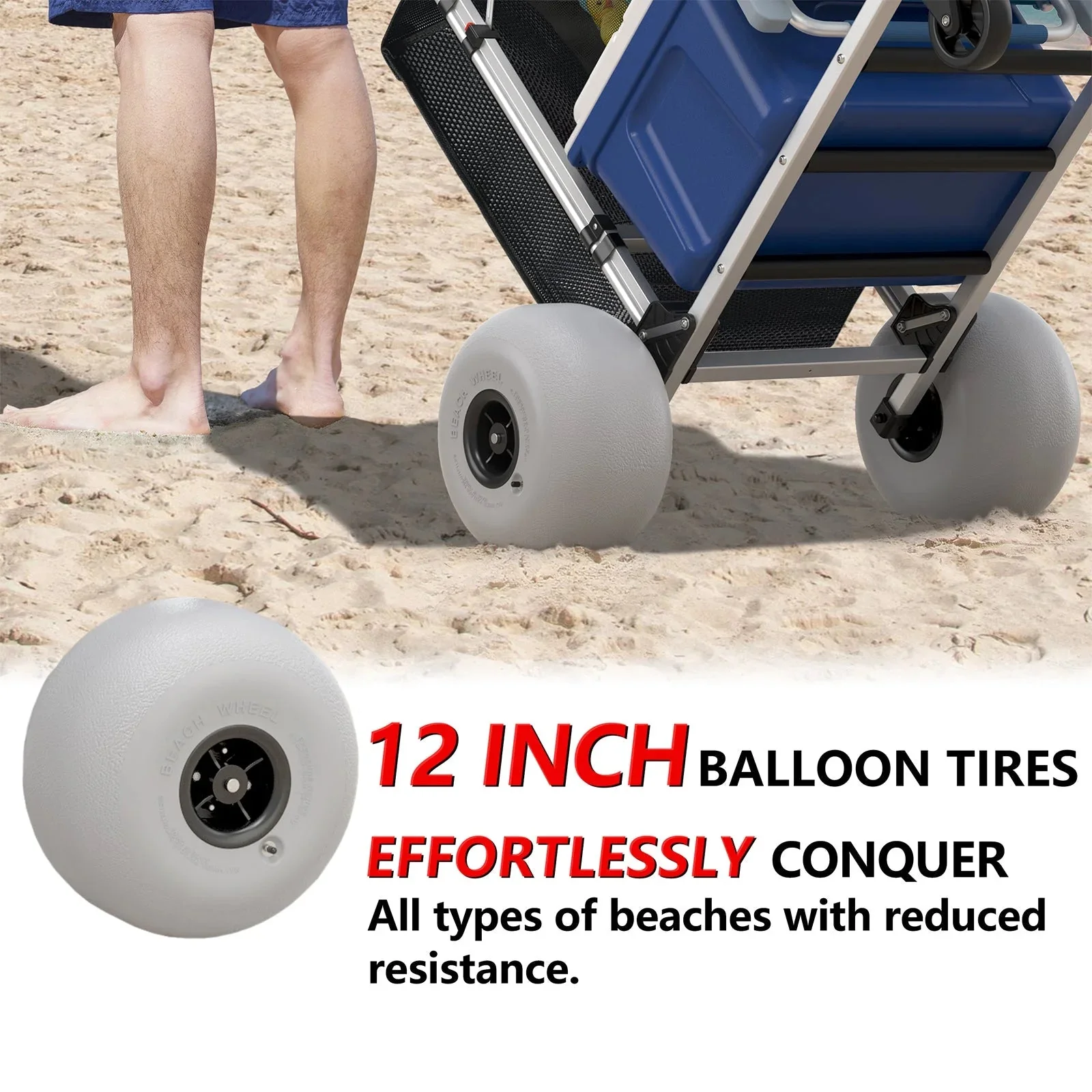 Chariot de plage pliable avec poignée réglable et roues ballons de 30 cm (12 po), en aluminium robuste, capacité de 100 kg (220 lb).