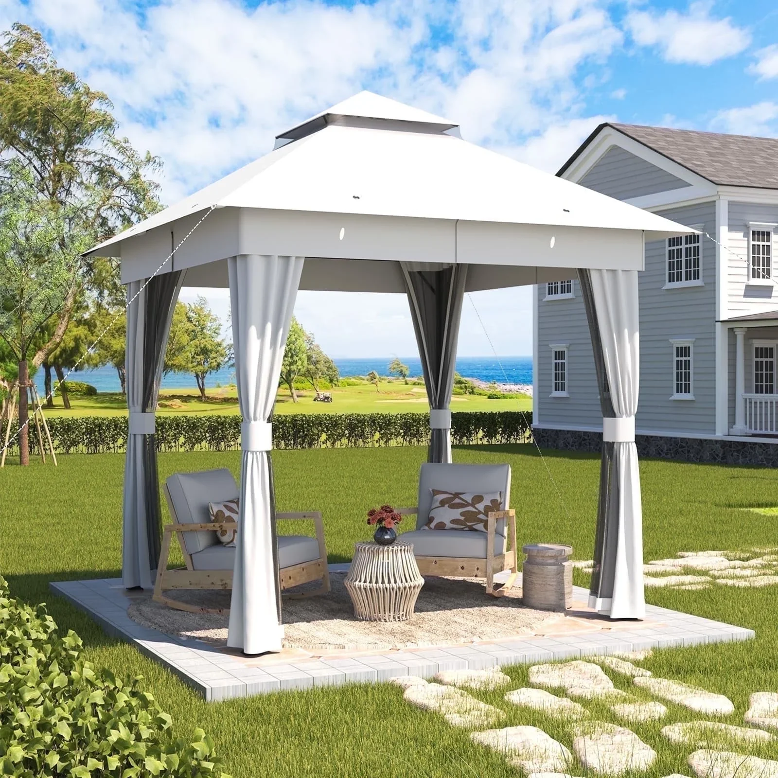 Erommy 8 ' x 8 ' Outdoor Gazebo,Double Roof Canopy Gazebo with Mosquito Nettings and Privacy Curtains for Garden,White