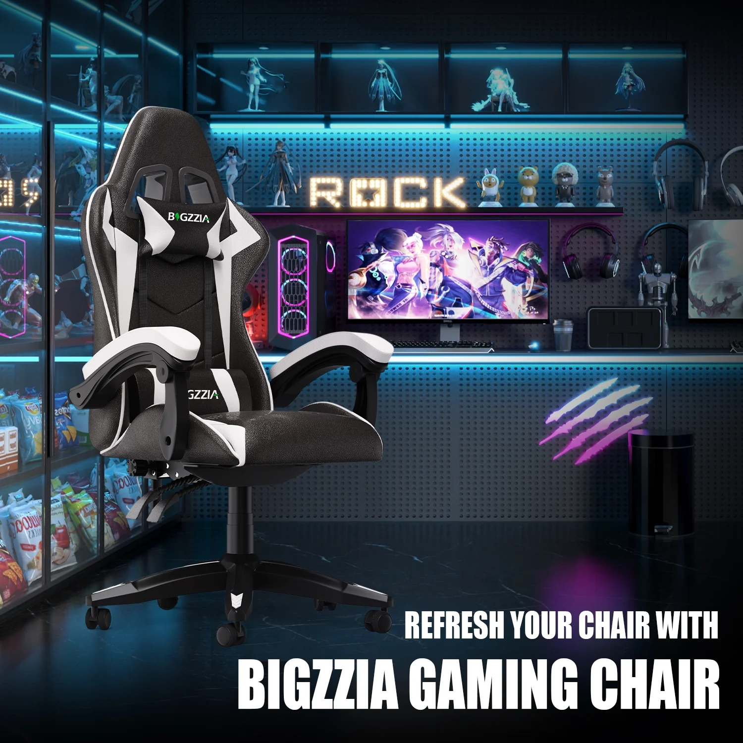 Gaming Chair Office Chair, Ergonomic Game Chair with Height Adjustable Headrest and Lumbar Support for Adults Teens, Black White(Black White) - Image 2