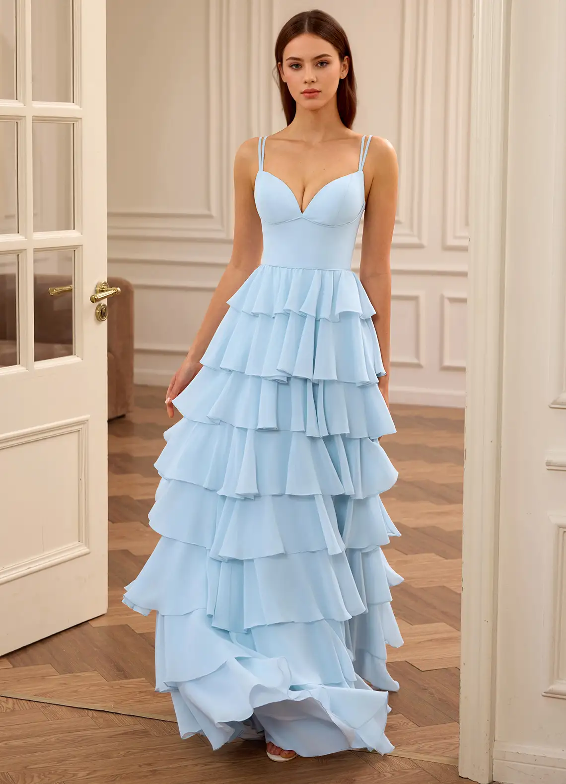 Celeste Sky Blue Ruffled A-line Prom Dress