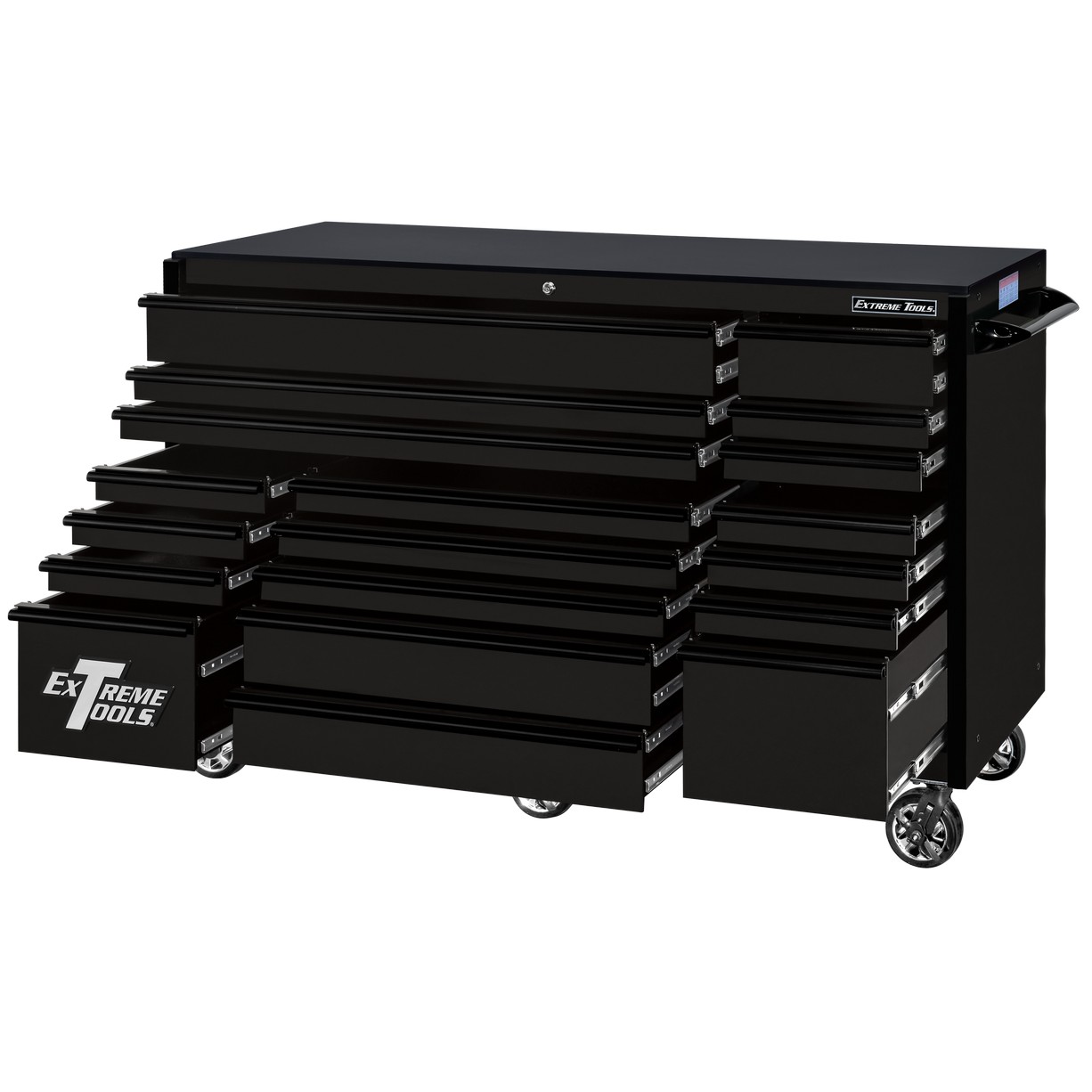 Servante d'atelier à roulettes Extreme Tools 72″ x 30″, 19 tiroirs avec glissières de 113 kg (250 lb), série RX 250