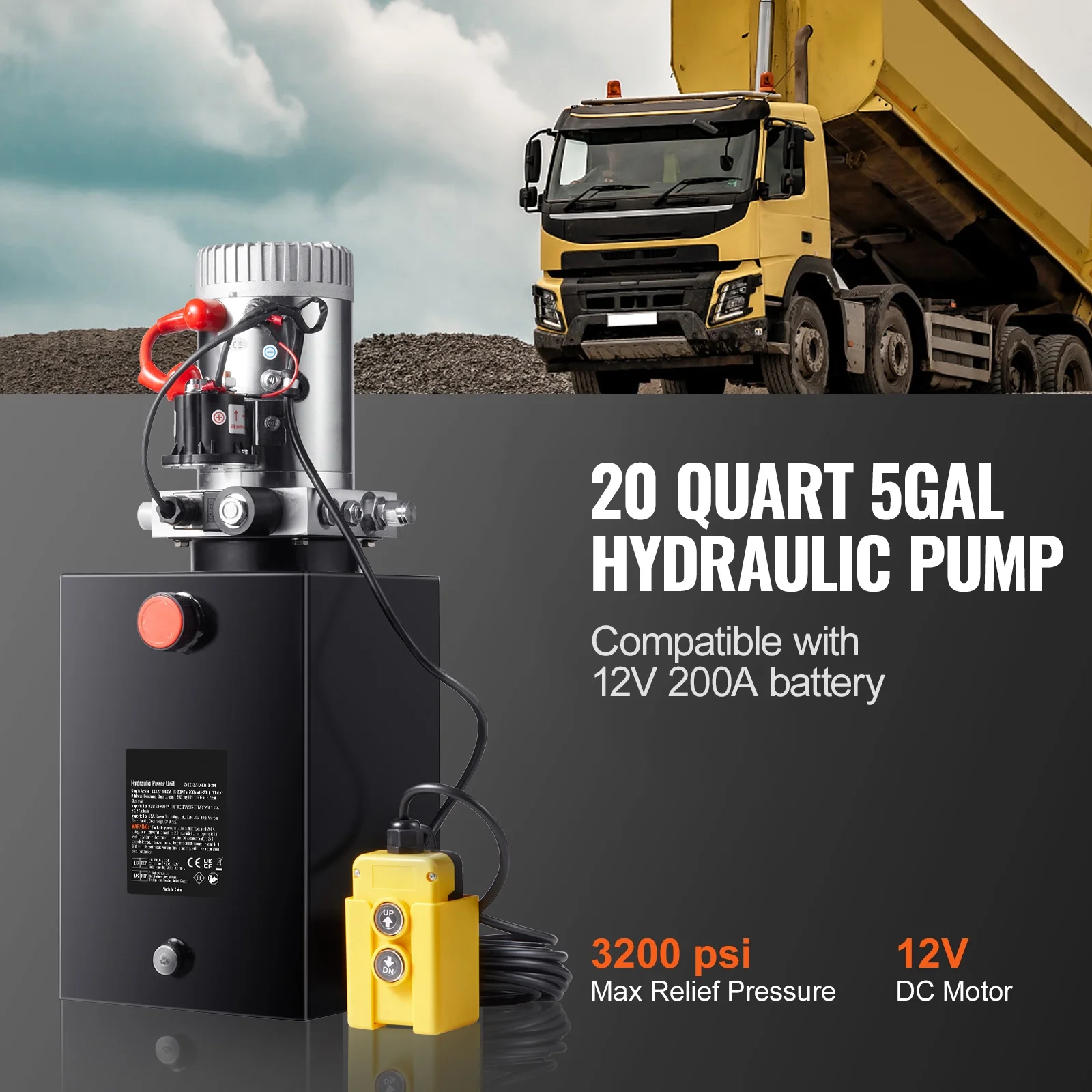 Hydraulic Pump, 20 Qt Power Unit, Single Acting for Dump Trailers, 0.91 GPM, 3200 PSI, 12V DC for Car Lifts - Image 4