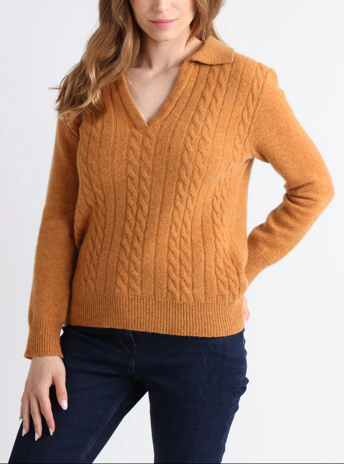 Pull femme laine mérinos col polo jaune