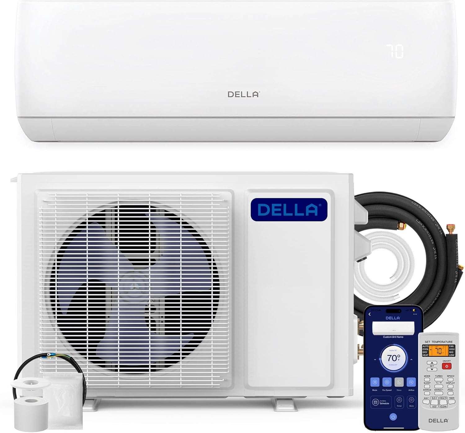 DELLA Motto Series Mini Split AC, 208-230V 17.5 SEER2 Cools up to 550 Sq.Ft, 12000 BTU Air Conditioner & Heater with 1 Ton Pre-Charged Heat Pump, Works with Alexa and WiFi