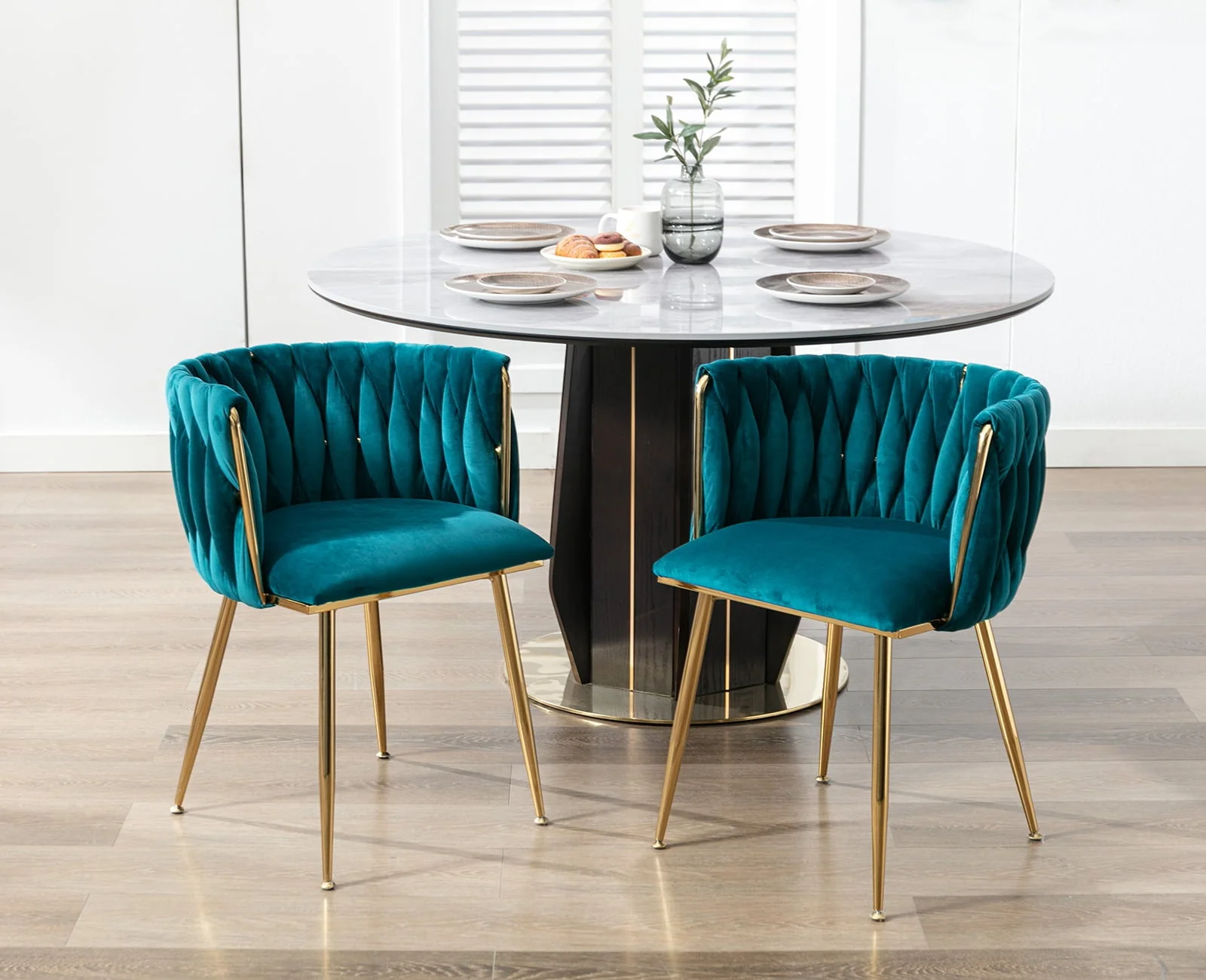 Velvet Dining Chair Set of 2, Modern Upholstered Accent Side Chair with Woven Back and Metal Legs, Vanity Chair Kitchen Chair for Living Room Dining Room Bedroom, Teal Green(Black) - Image 9