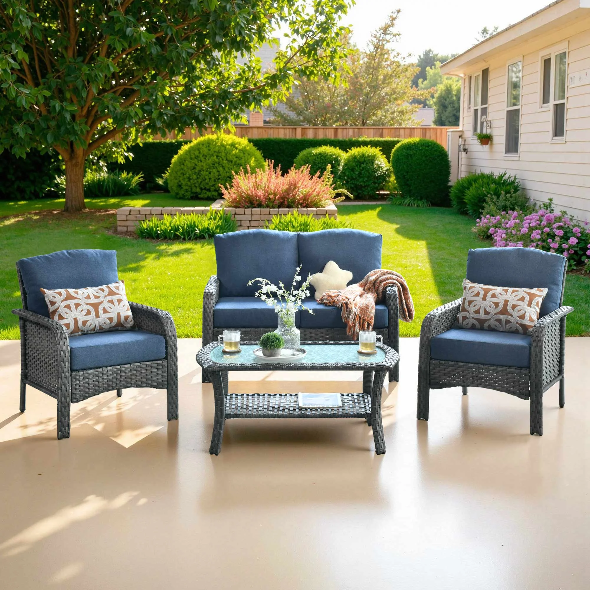 4 Pieces Wicker Outdoor Patio Furniture with Coffee Table High Back All Weather Rattan Outdoor Sectional Conversation Set for Backyard Porch Garden, Denim Blue(Denim Blue) - Image 2