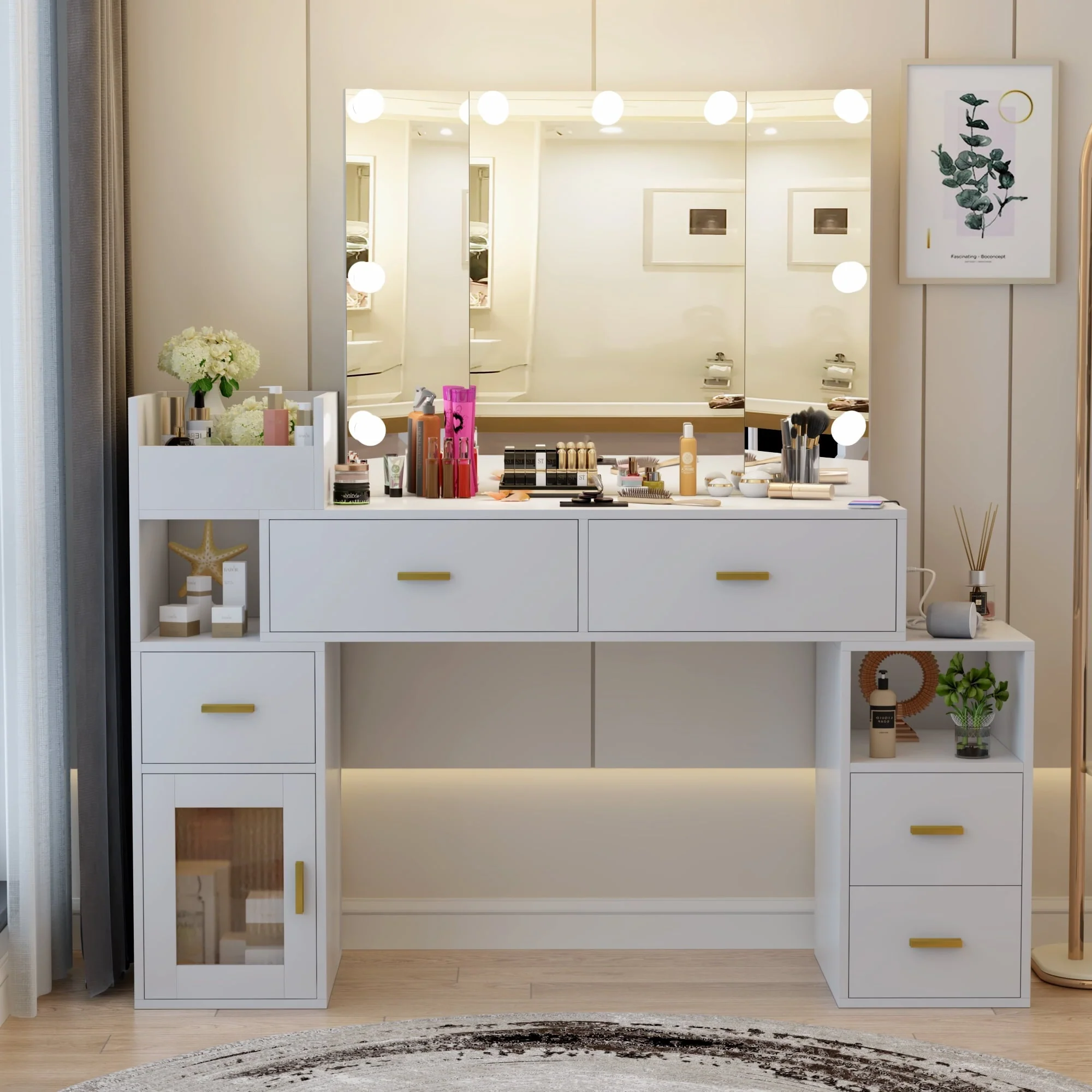 Vanity Set with Lighted Mirror, Makeup Vanity with 3 Lighting Options and Charging Station, Large Vanity Desk with Storage Shelves, 5 Drawers, Glass Cabinet