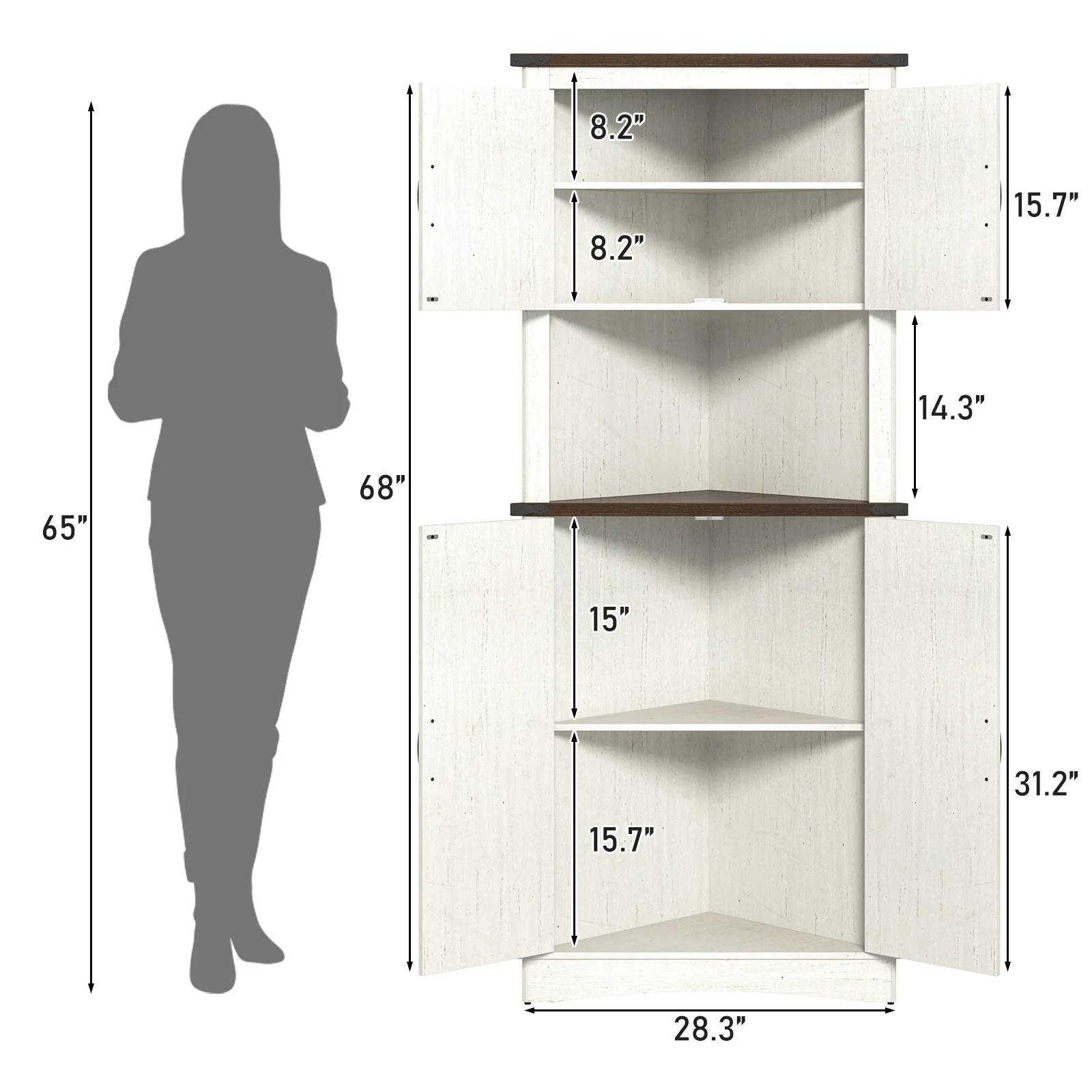 68" Tall Farmhouse Corner Cabinet with 4 Doors, 28.3" W Barn Door Storage Cabinet with Adjustable Shelves, 5 Tier Corner Storage Cabinet for Bathroom,Living Room,Kitchen(28.3" Wide/White-Brown) - Image 2