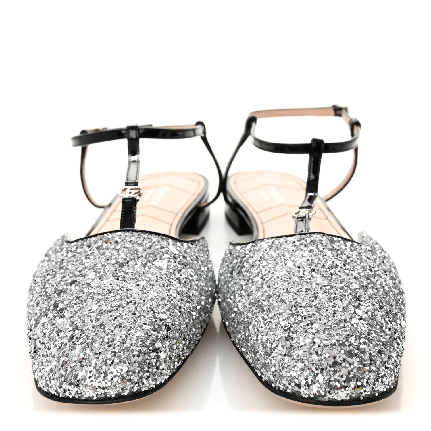 Calfskin Glitter Double G Slingback Flats 39 Silver Black