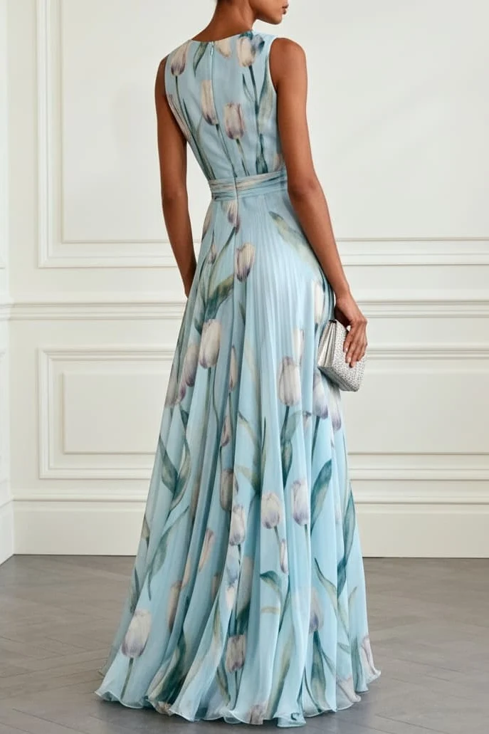 A-Line Maxi Printed Chiffon Wedding Guest Dress