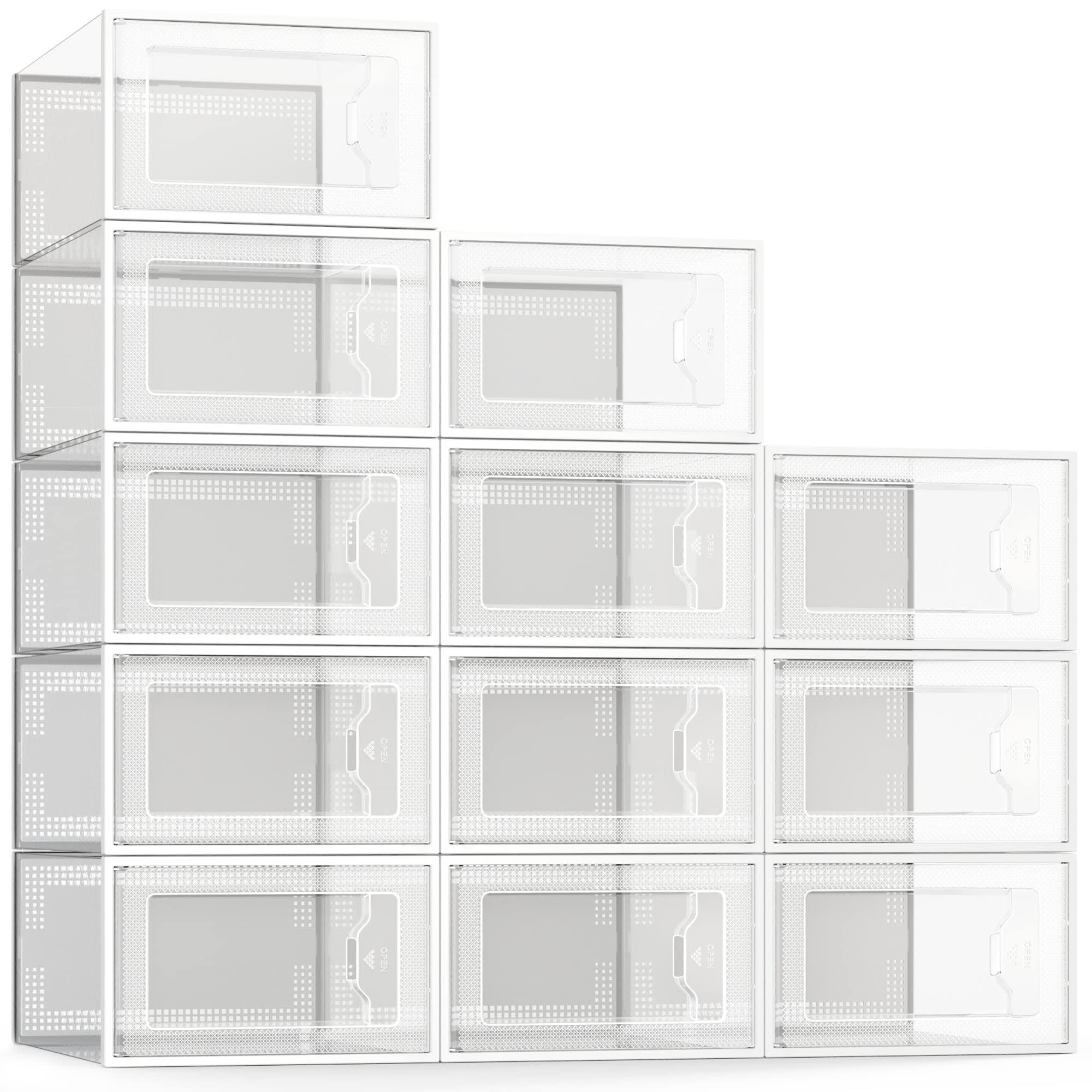 See Spring Large 12 Pack Shoe Storage Box, Clear Plastic Stackable Shoe Organizer for Closet, Space Saving Foldable Shoe Rack