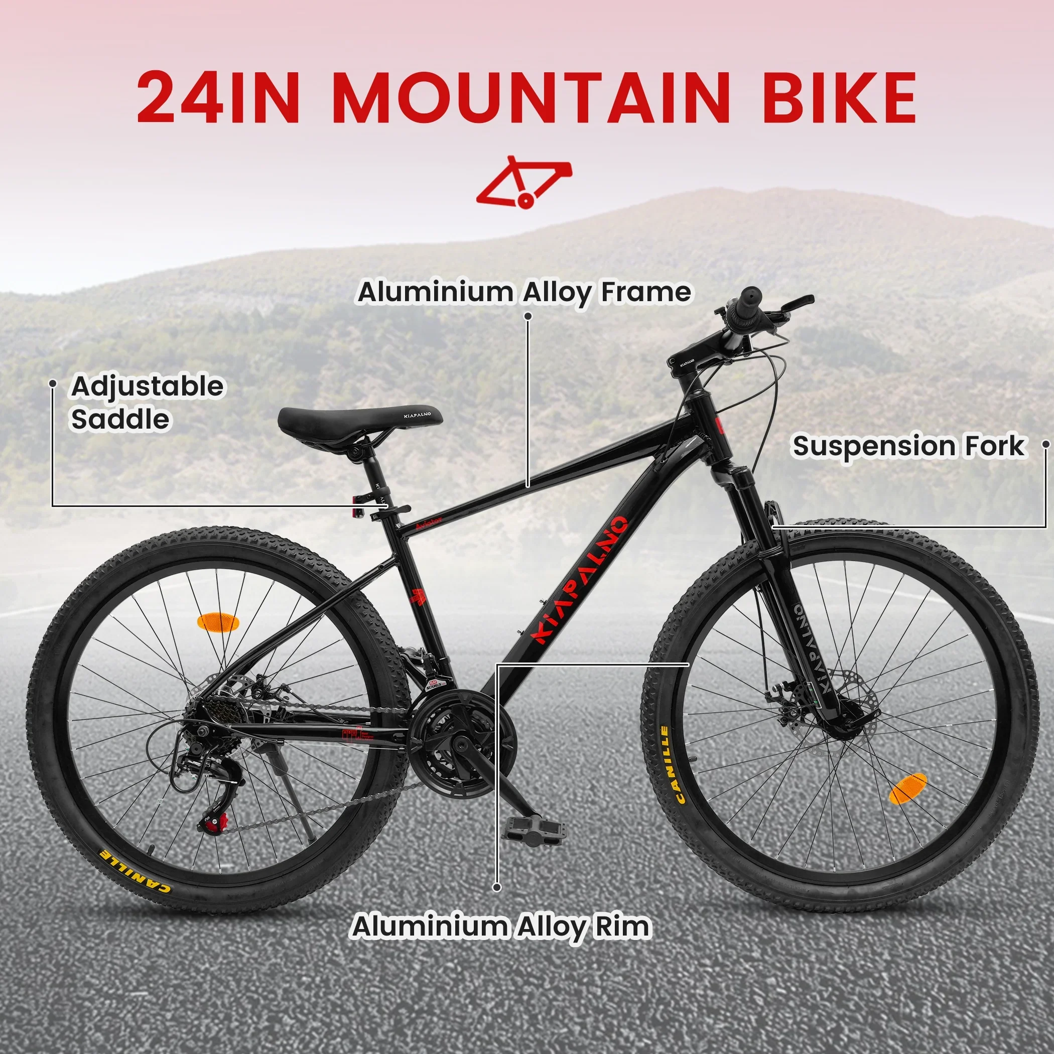 24 Inch Mountain Bike, 21 Speed Mountain Bicycle with Aluminium Alloy Frame, Dual Disc Brakes and Front Suspension, Men Commuting City Bike for Teenagers Adult, Quick Release Front Wheel, Black