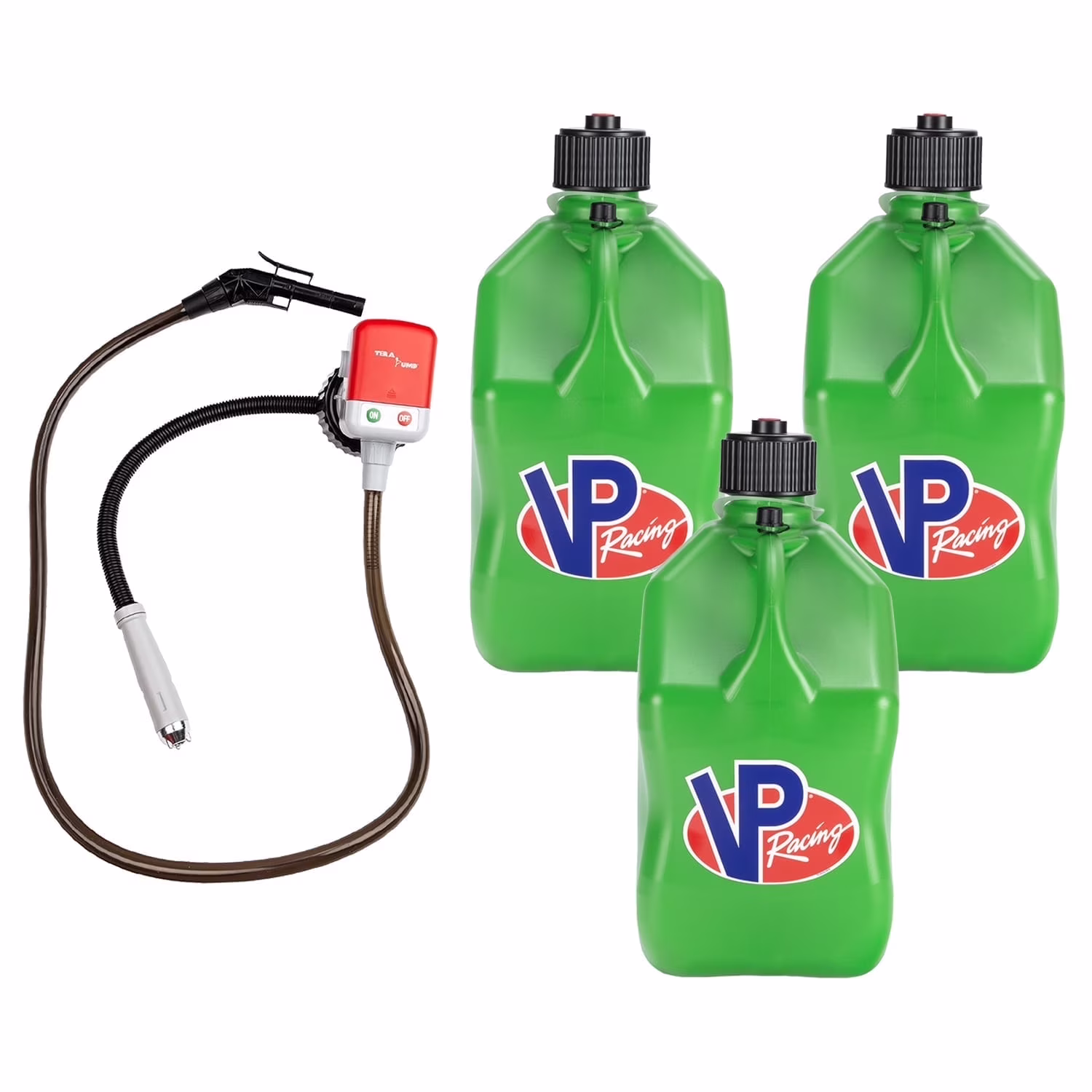 3562-CA, 5.5-Gallon Square Motorsport Jug Green (3 Pack), w/Utility Jug Battery Powered Fuel Transfer Pump (1 Pack)