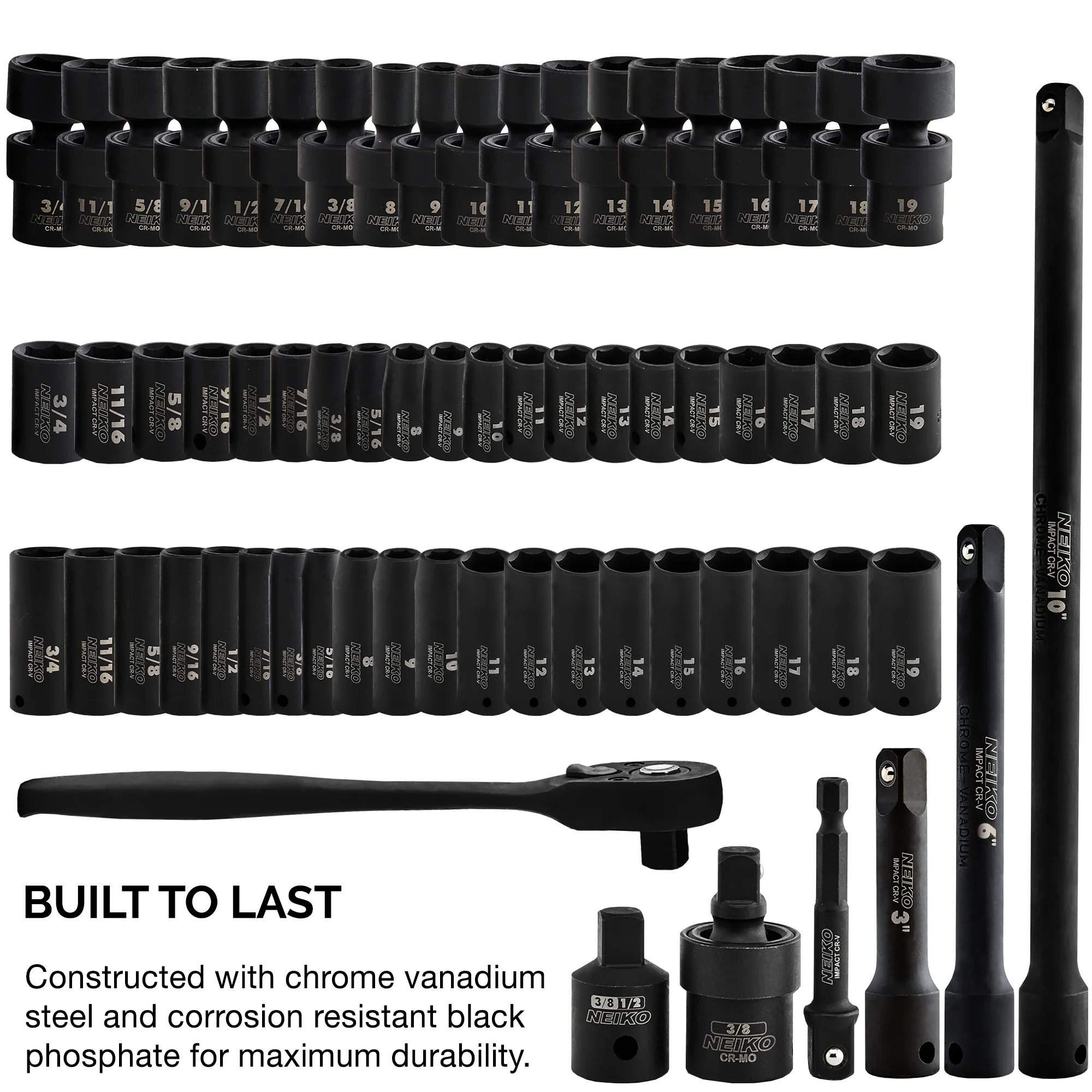 NEIKO 02471A Impact Socket Set, 3/8�� Drive, 67 Piece, Metric and Standard Master Socket Set with Shallow & Deep Sockets, Ratchet, Swivel Sockets, Extension Bars, Adapters, Cr-V & Cr-Mo