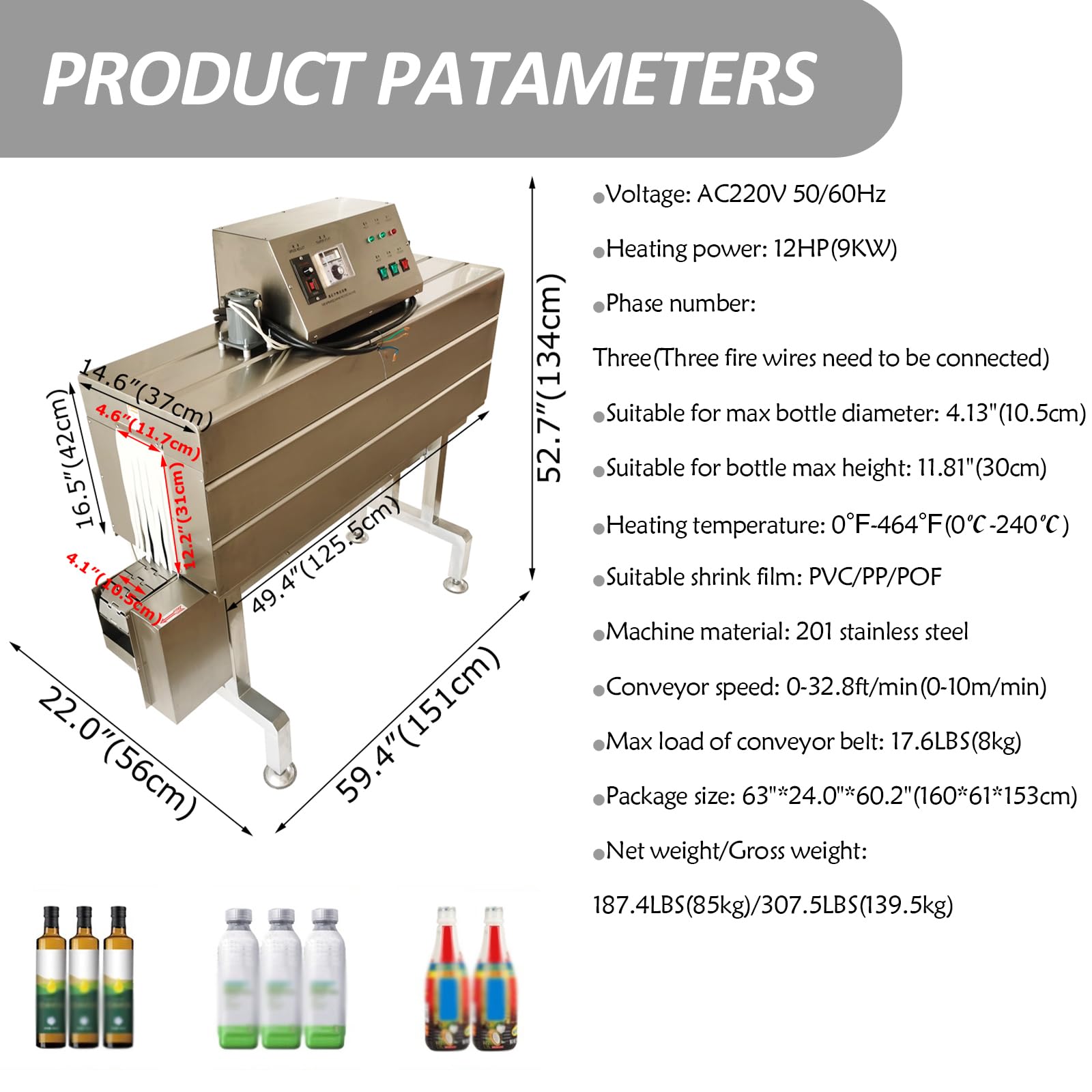 Bottle Label Heat Shrink Packaging Machine Bottle Cap Body Label Shrink Machine Automatic Shrink Wrapping Machine Continuous Bottle Cap Sealing Film Machine for PVC/PP/POF 220V 9KW