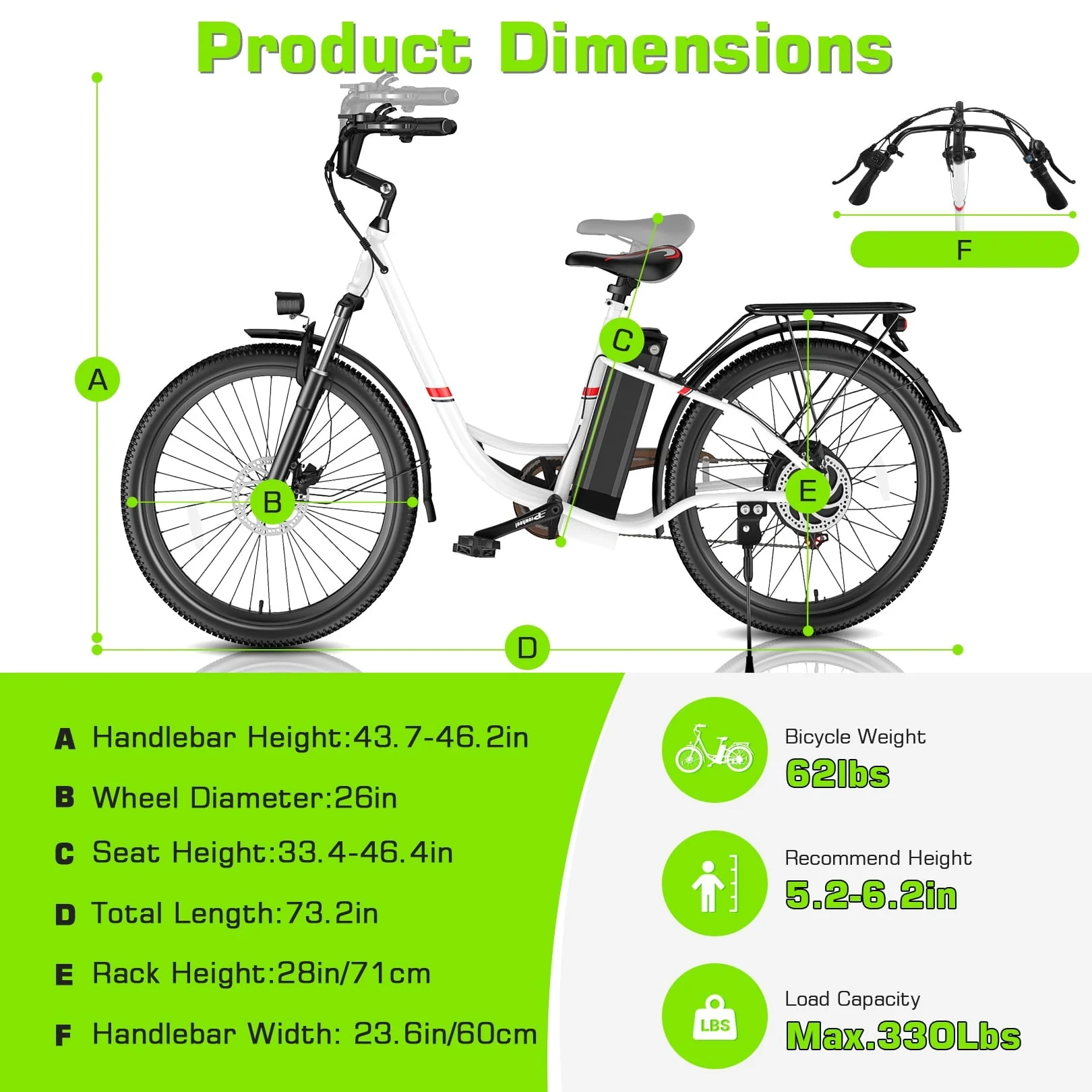 26" 500W Electric Bike for Adults, 48V 7.8Ah Removable Battery City Ebike Adult, Cruise Control Mode, Low-Step Thru Hybrid Electric Cruiser Bicycle, 7 Speed Commuter E-Bikes for Women - Image 9