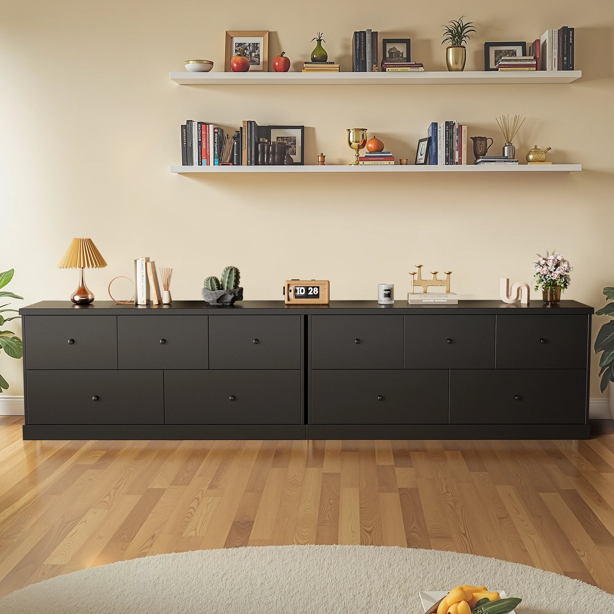 5 Drawer Dresser Wood Storage Cabinet Double Tier Chest of Drawer TV Stand for Bedroom, Living Room, Black(Short/Black) - Image 4