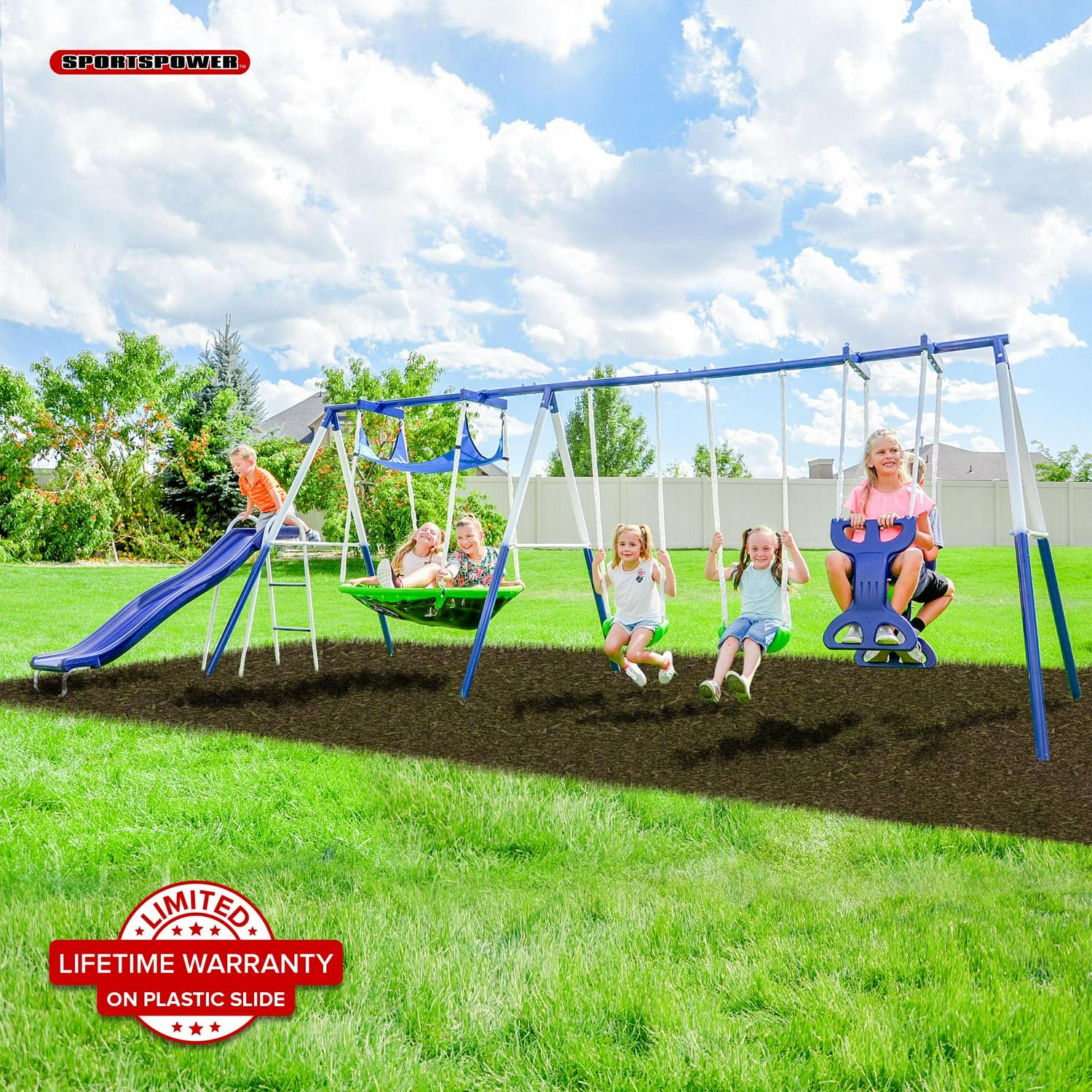Sportspower Outdoor Rosémead Metal Swing Set with Roman Glider. Saucer. 6.5′ Slide with Lifetime Warranty. and Bonus Anchor Kit. Great for Kids Aged 3 - 8