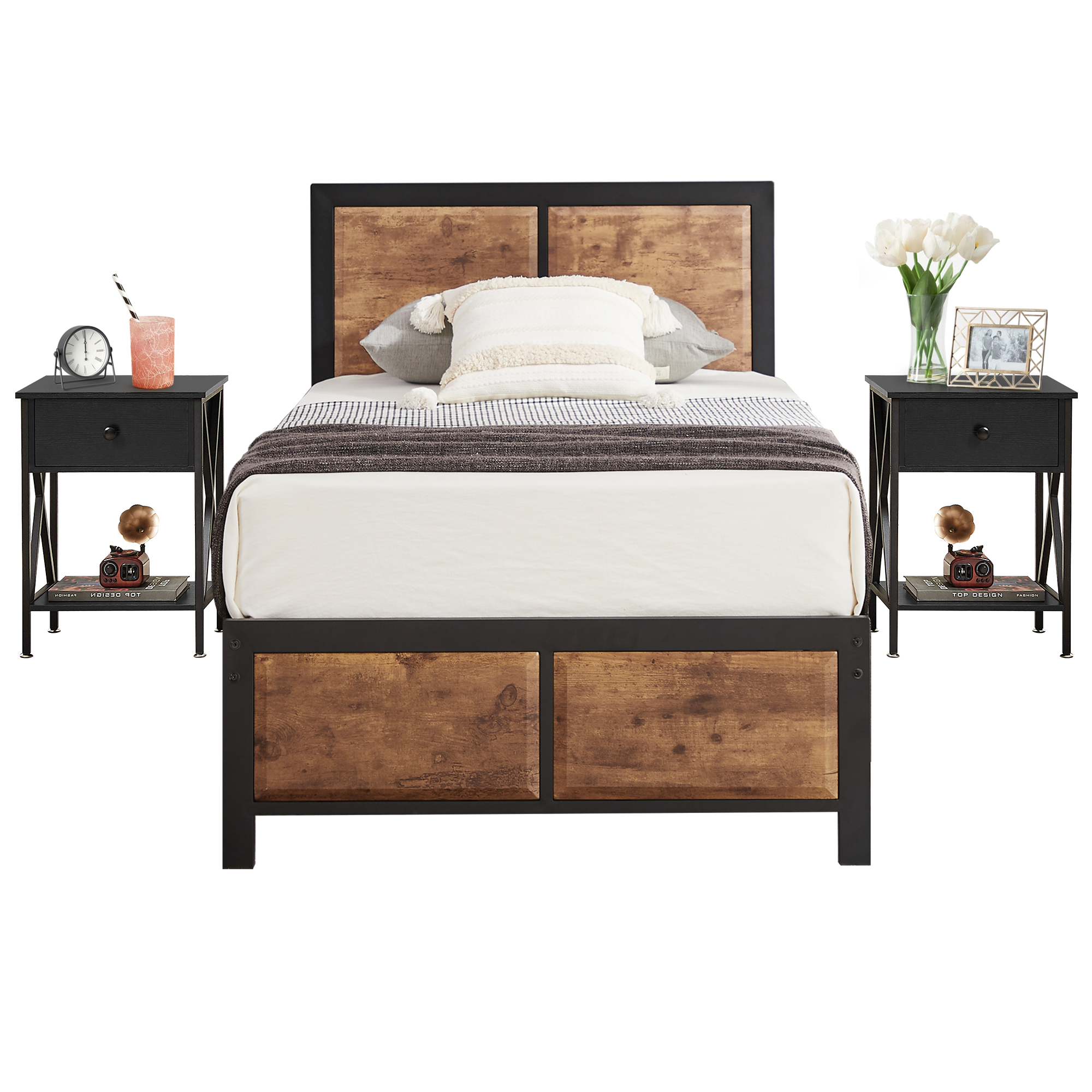 VECELO 3 - Piece Bedroom Set with Twin Size Bed Frame and 1 - Drawer Black Nightstands