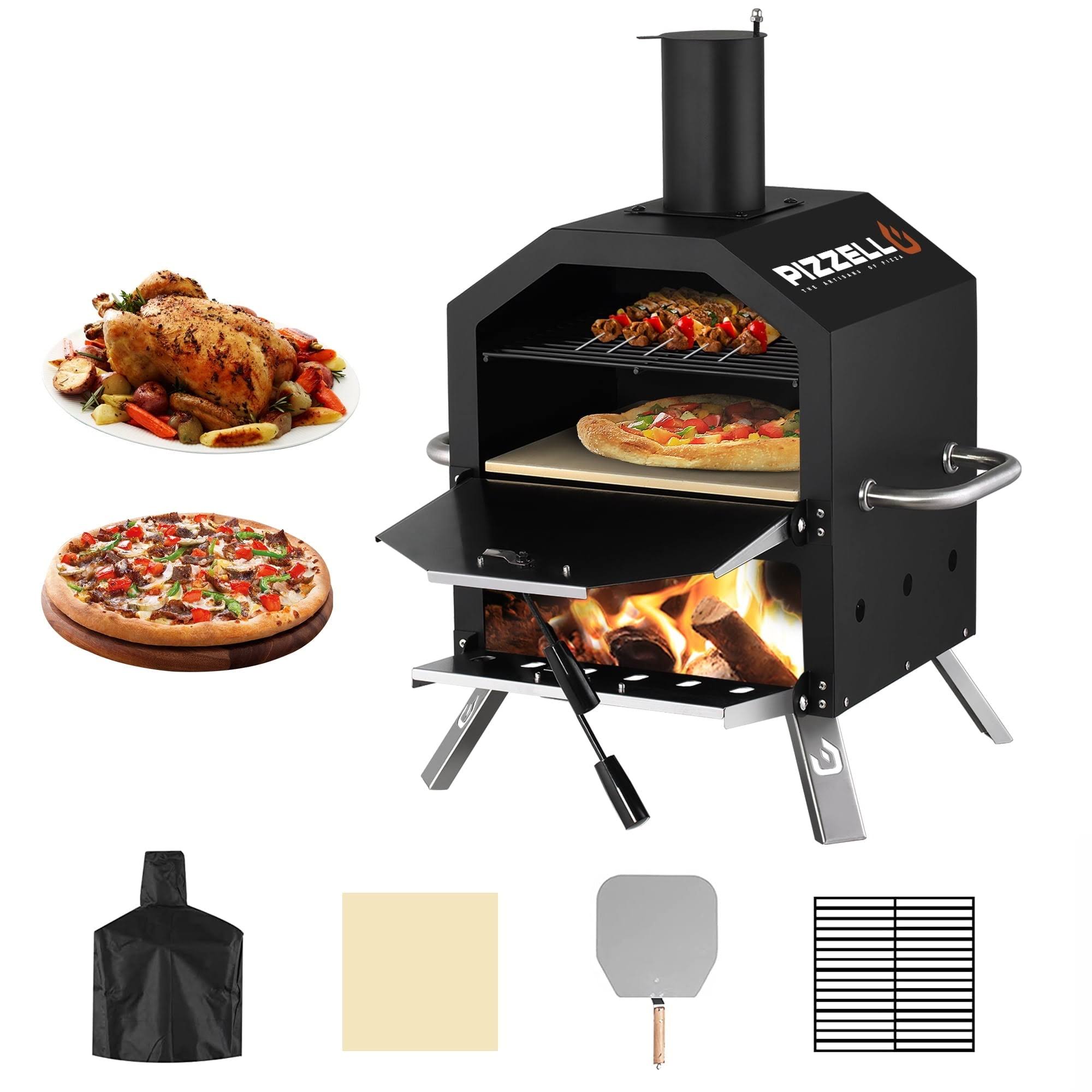 Pizzello Outdoor Pizza Oven Wood Burning for Cooking 2 Pizzas Outside Pizza Maker with Pizza Stone, Pizza Peel, Cover - Black + Silver