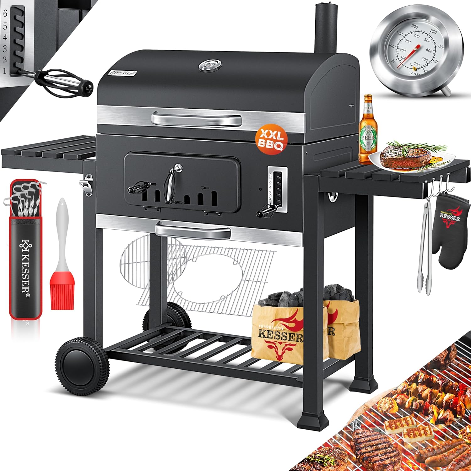KESSER® Grill Grillwagen BBQ Smoker XXL Holzkohlegrill mit Deckel, Rädern, Edelstahl-Griff, Grillrost und Thermometer, 8 Spieße mit Tasche & Silikon-Pinsel, Standgrill, Kohlegrillwagen