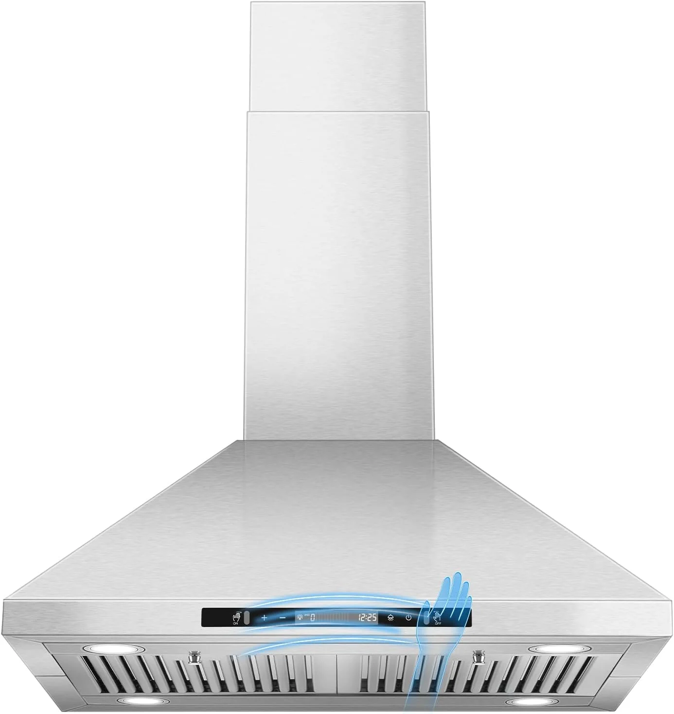 Wall Mount Kitchen Range Hood, Convertible Ducted/Ductless, Stainless Steel, Baffle Filter, Touch Control, Timer, LED, 3 Fan Speeds