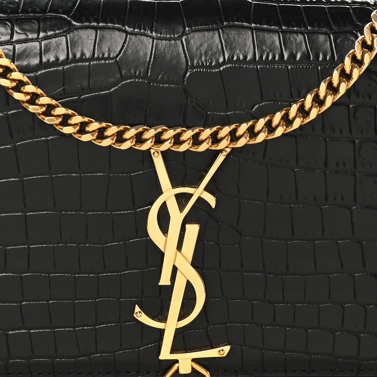 Calfskin Crocodile Embossed Medium Classic Monogram Kate Tassel Satchel Black