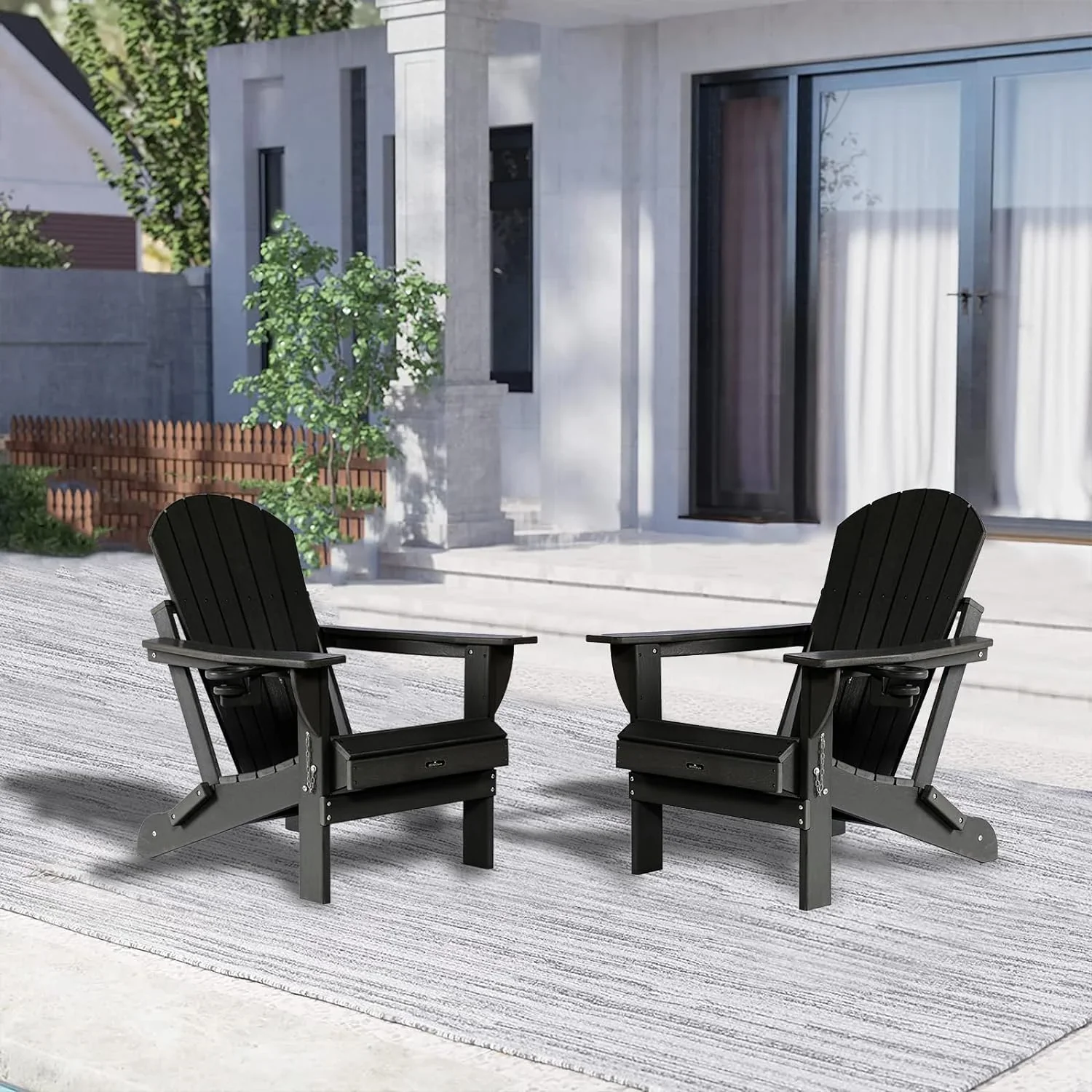 Withniture Folding Adirondack Chairs with Cup Holder, HDPE Adirondack Wood Textured Chairs for Terrace, Lawn, Garden, Backyard Deck(Black)