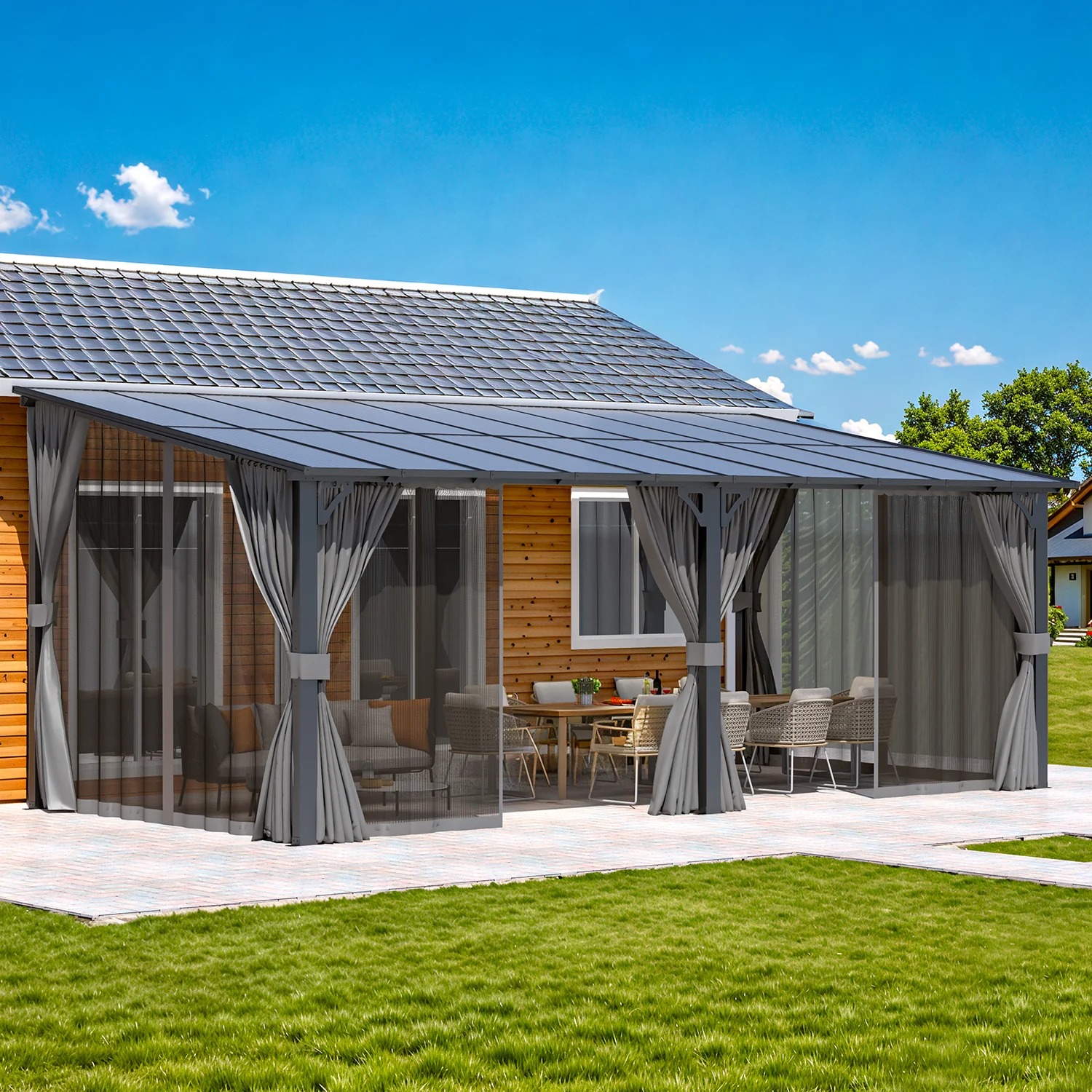 AECOJOY 20'x10' Wall Gazebo with Curtains and Mosquito Netting, Gray