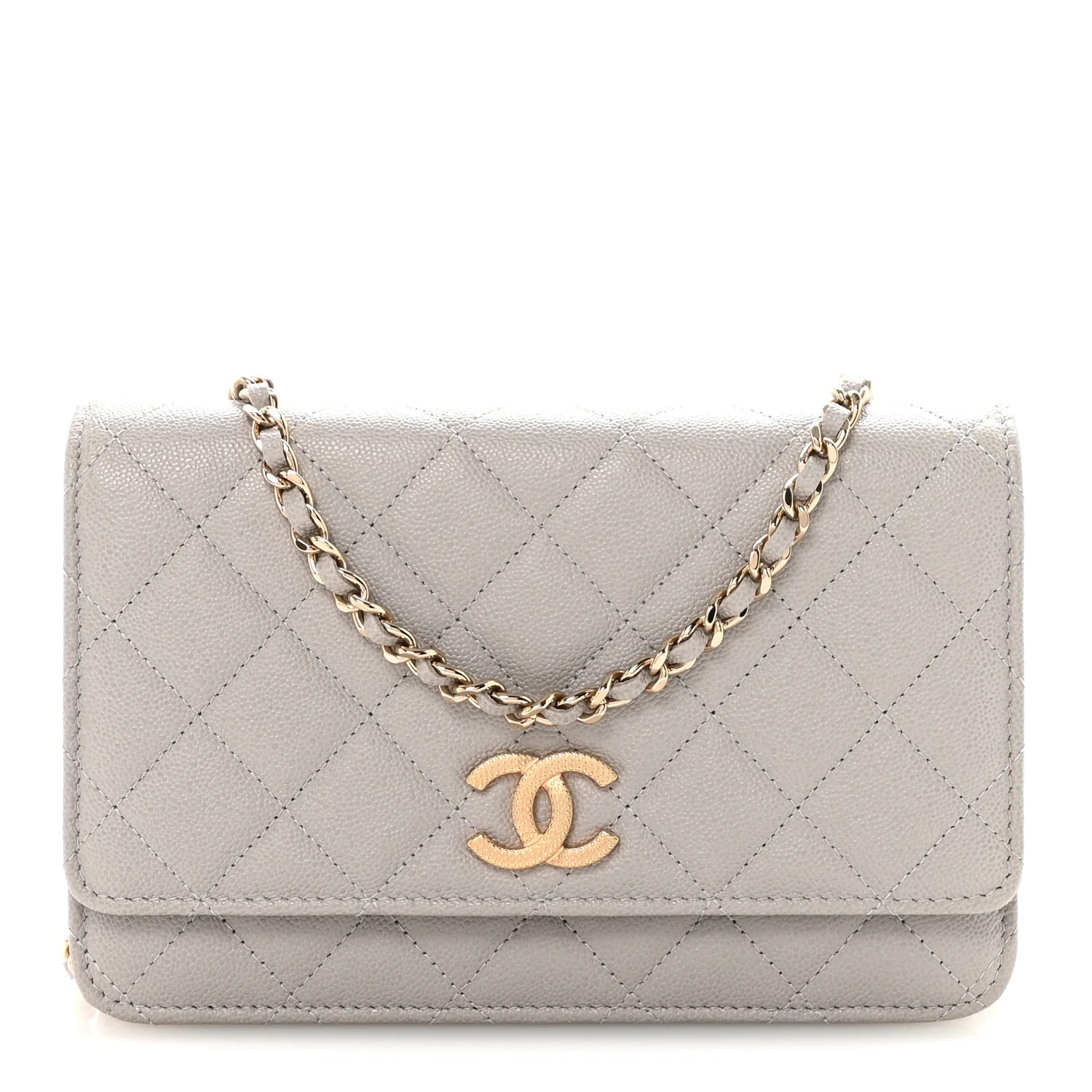 Caviar Quilted Studded CC Wallet On Chain WOC Grey