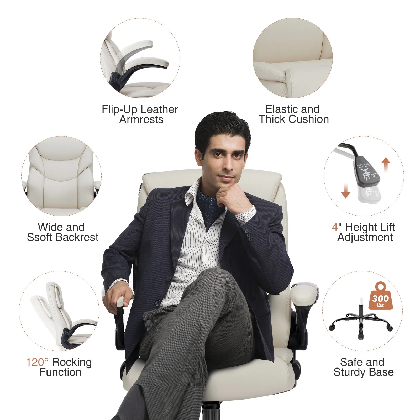 EverPick PU Leather Office Chair with Adjustable Flip-up Armrest,Adjustable Seat Height and Lumbar Support, Strong Metal Base - Cream(Flip-up Armrest/Cream)