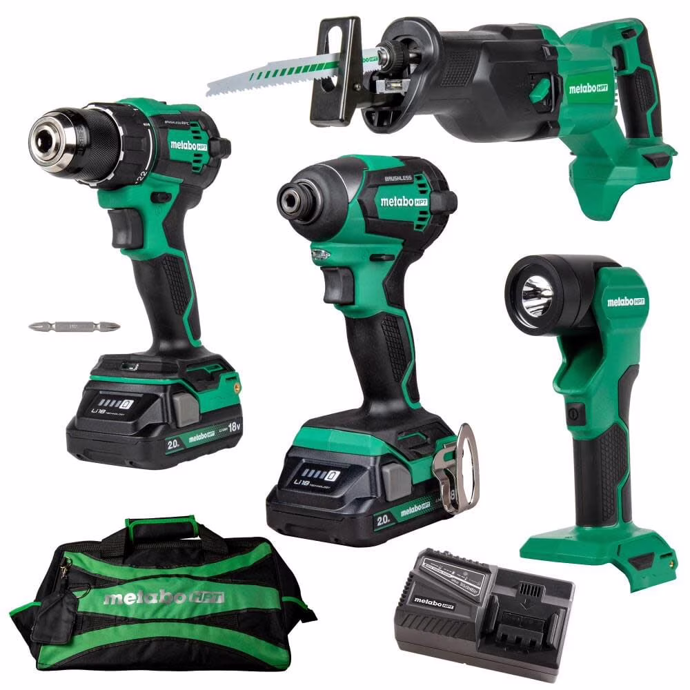 Metabo HPT 18V MultiVolt? Cordless Driver Drill, Impact Driver, Reciprocating Saw, and Torchlight 4-Pc Combo Kit | Includes 2-18V 2.0Ah Batteries | Lifetime Tool Warranty | KC18DEX4