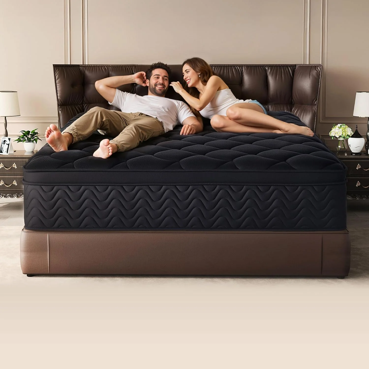 Matelas King Premium 30 cm (12 pouces) - Matelassage Diamant Noir, ressorts ensachés individuellement et mousse à mémoire de forme, fraîcheur et soulagement des points de pression, livré en boîte