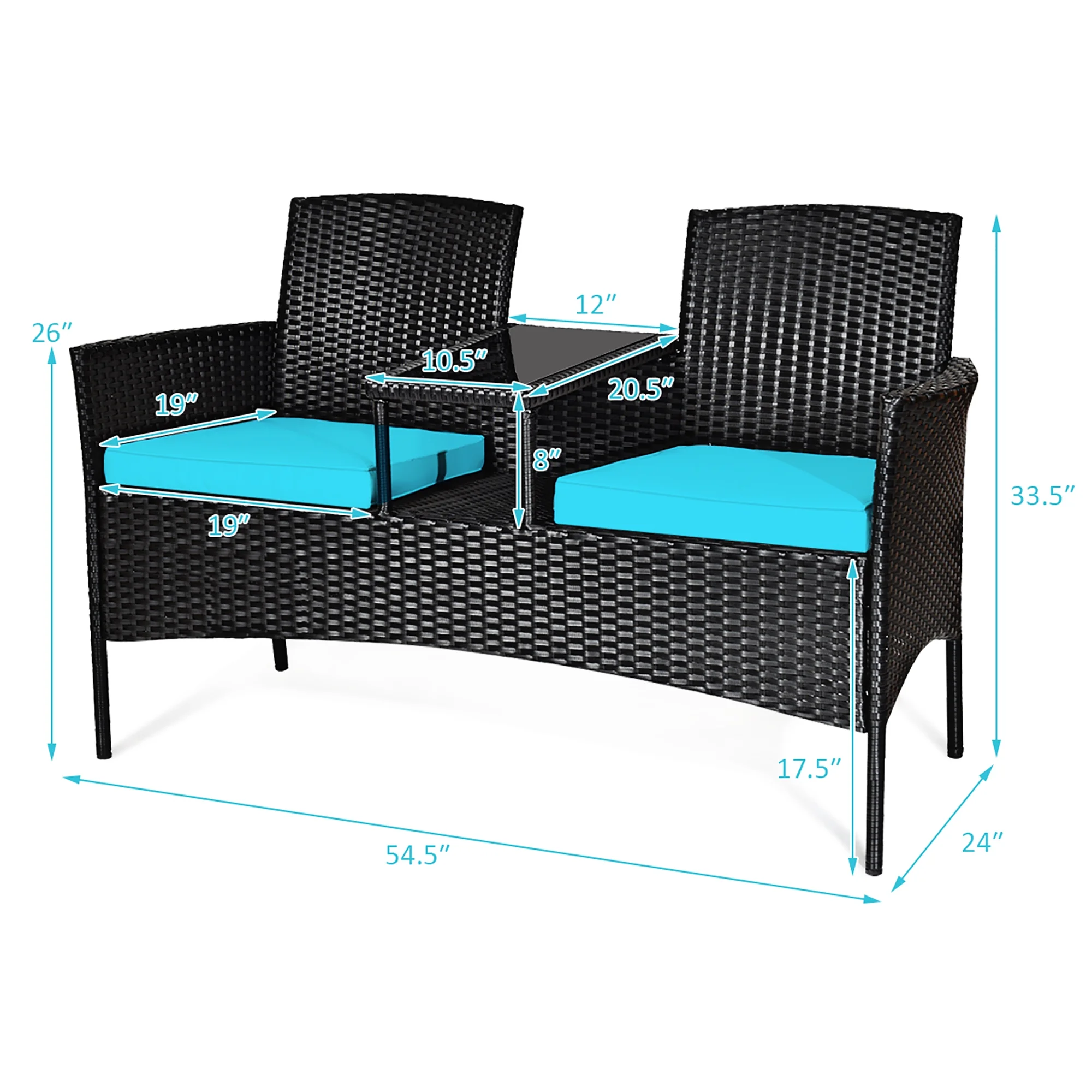 Patio Rattan Conversation Set Seat Sofa Cushioned Loveseat Chairs Turquoise(Turquoise) - Image 4