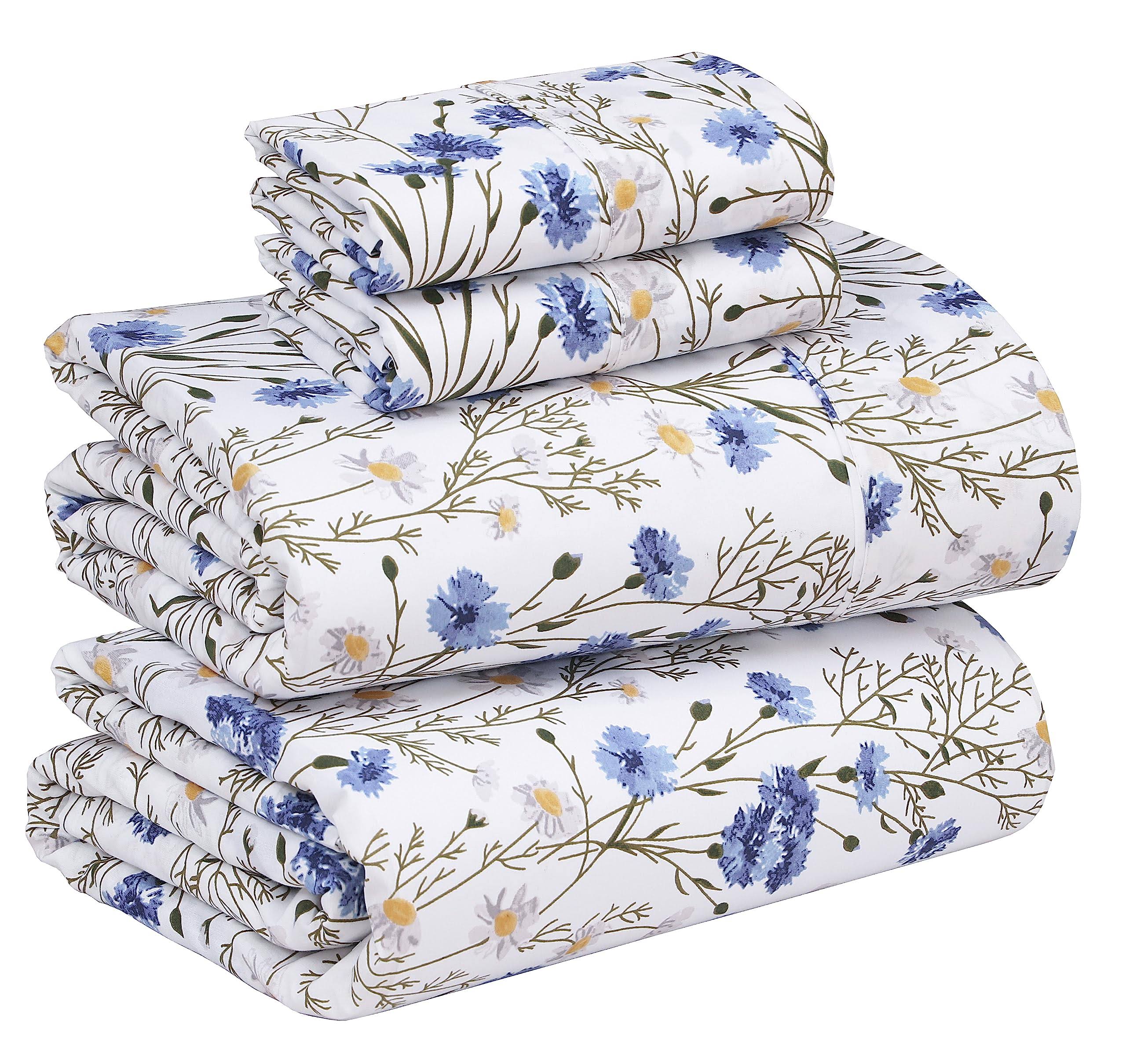 Ruvanti 100% Cotton Sheets - Soft & Breathable Queen Sheet Set - Deep Pocket Queen Size Sheets - Crisp & Cooling Sheets - Blue & Yellow Floral Queen