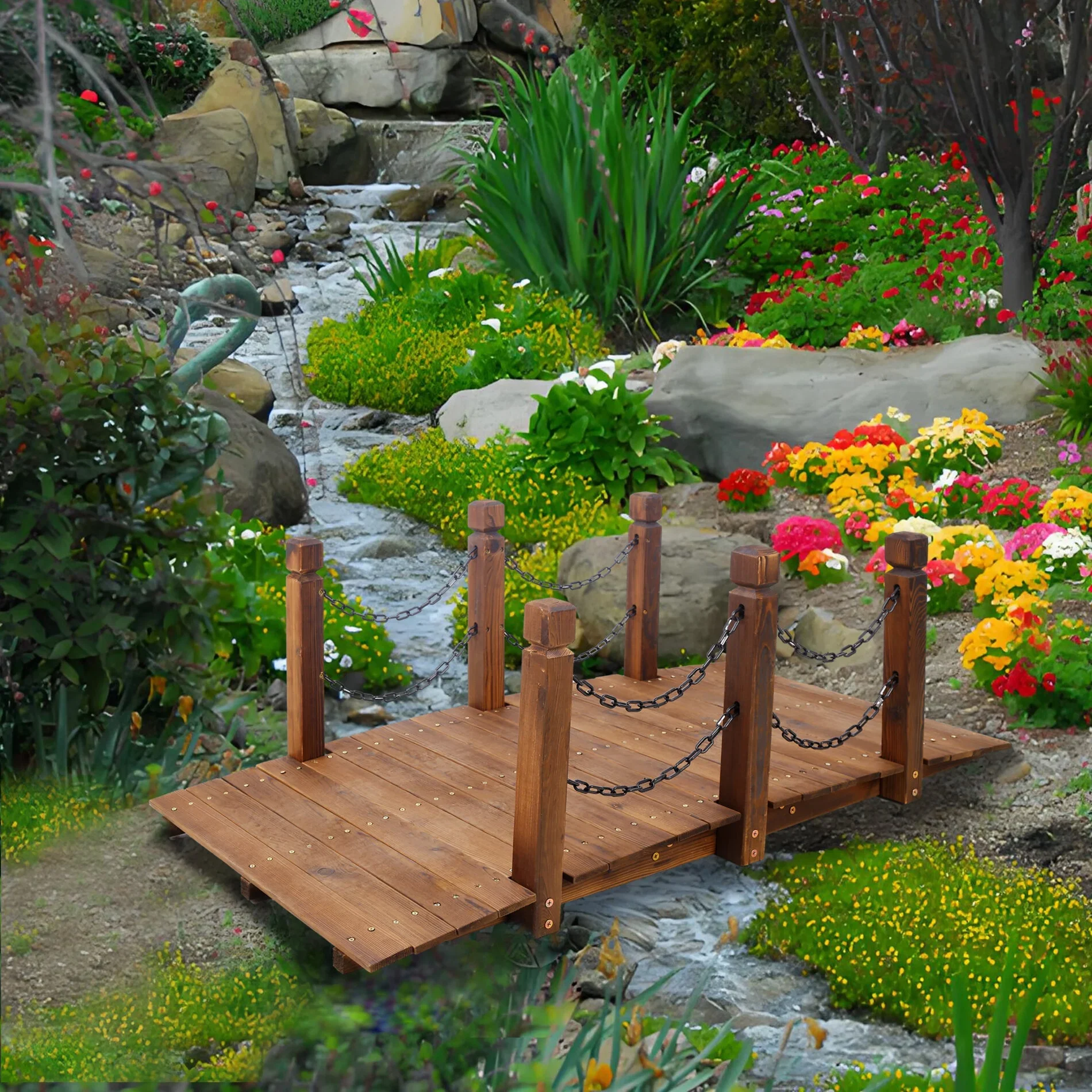 5 FT Wooden Garden Bridge, Stained Brown Arc Design with Chain Railings for Backyard Creek & Pond, 400 LB Weight Capacity, Easy Assembly Landscape Accent