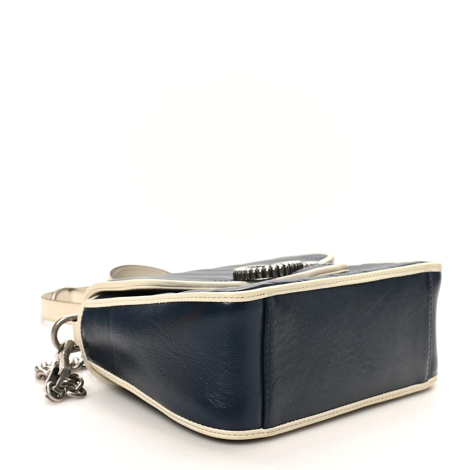 Vintage Effect Calfskin Matelasse Diagonal Mini Torchon GG Marmont Top Handle Shoulder Bag Blue Agata Mystic White