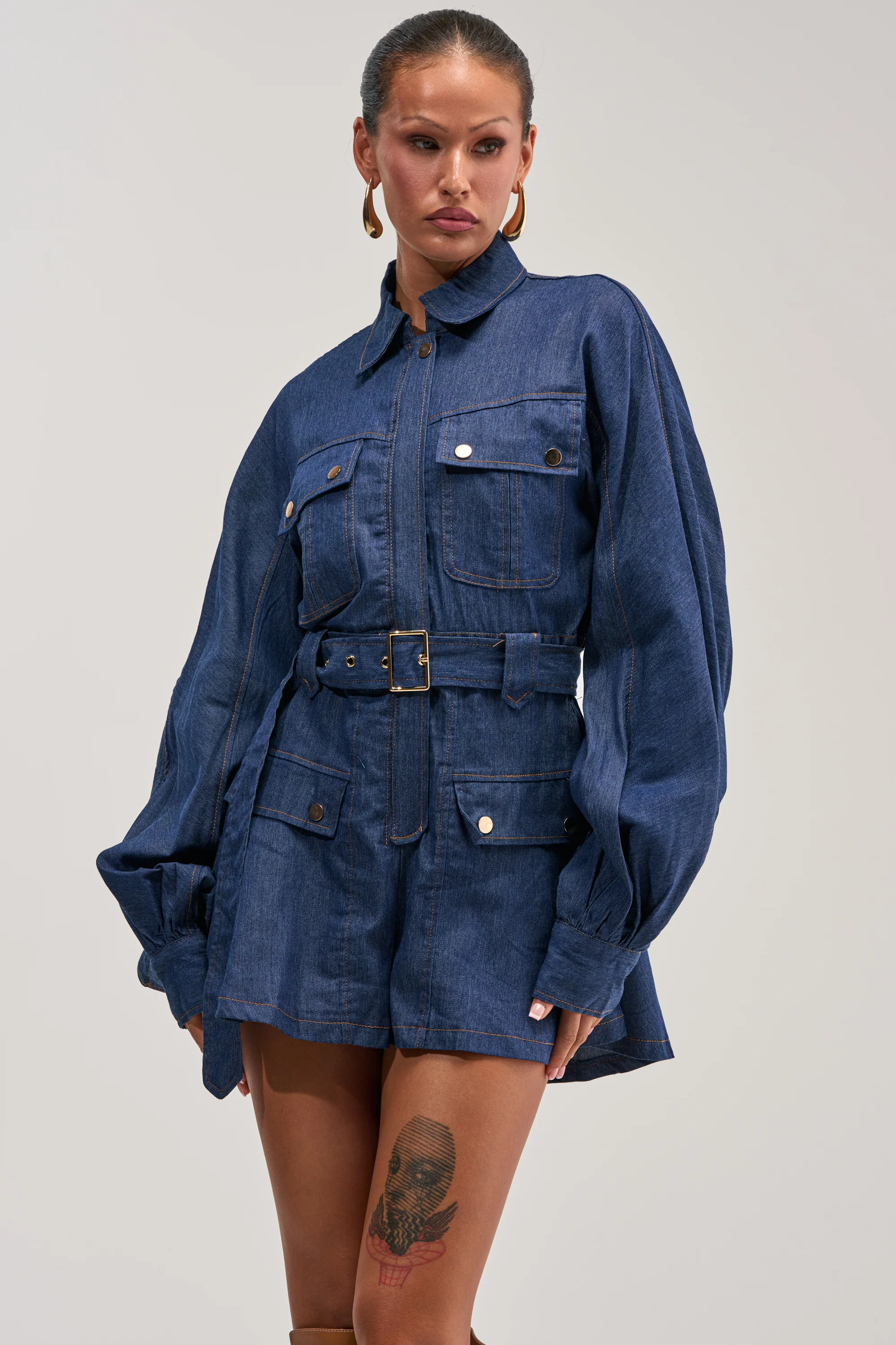 CITYSCAPE BELTED DENIM ROMPER - Akira Store