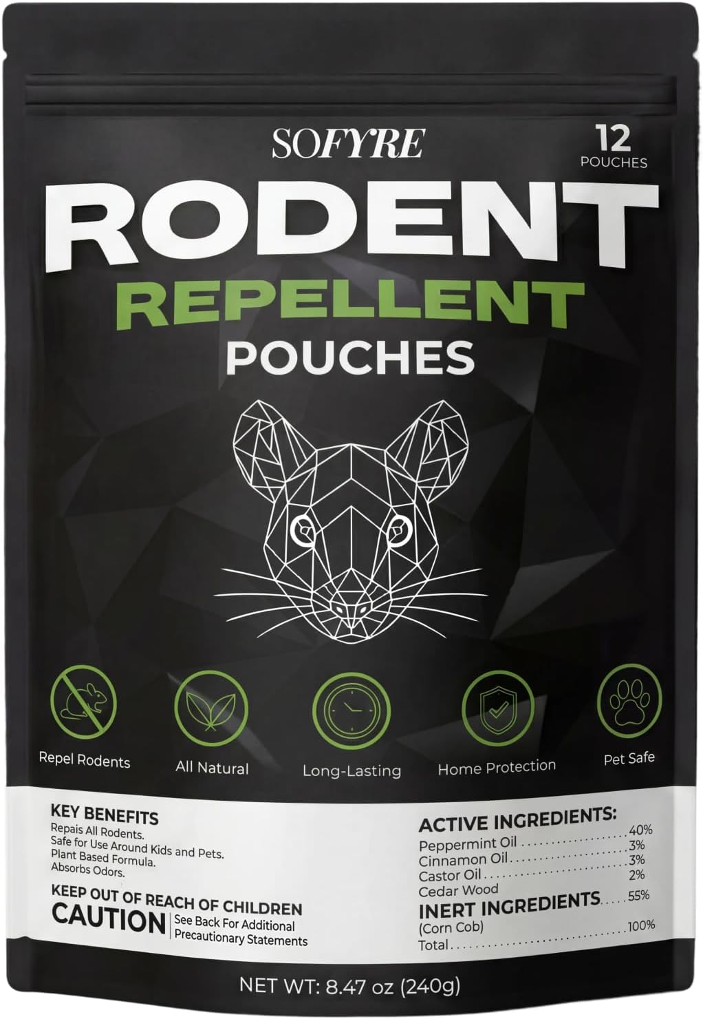 SoFyre Rodent Repellent Pouches 12-Pack Mouse Repellent for Home RV Garage Car Basement, Indoor & Outdoor Mice Deterrent, Peppermint Cinnamon Cedarwood Rat Repellent, Plant-Based Natural Pest Control