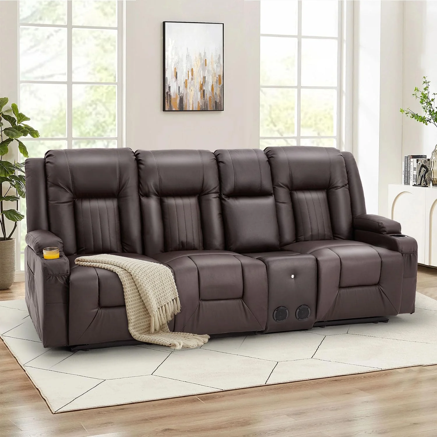 AECOJOY 3 Seater Recliner Sofa with Console&Bluetooth Speakers, Manual RV Sofa Couch, Brown