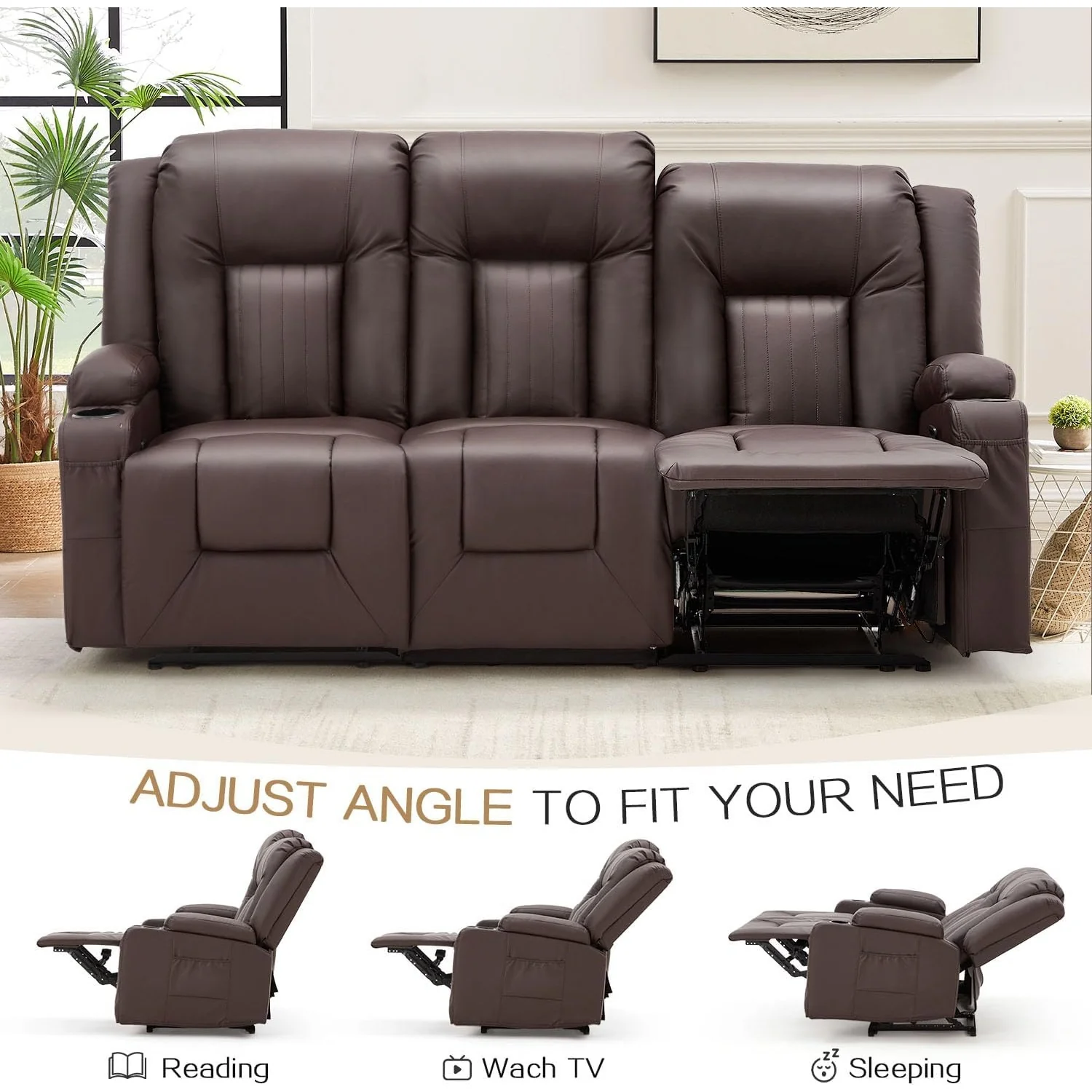 AECOJOY 3 Seater Reclining Sofa with 2 Cup Holders&Side Pockets, Brown