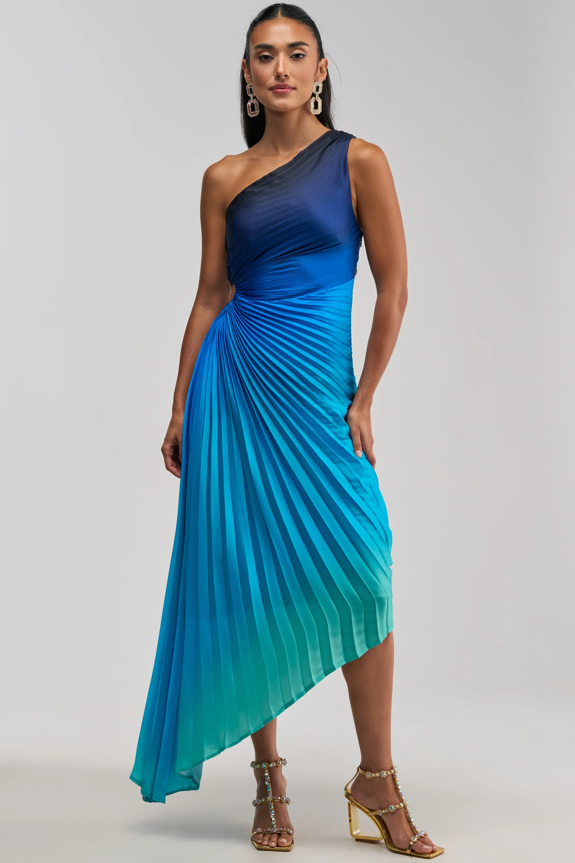 WILD CARD ONE SHOULDER OMBRE MIDI DRESS IN BLUE - Akira Store