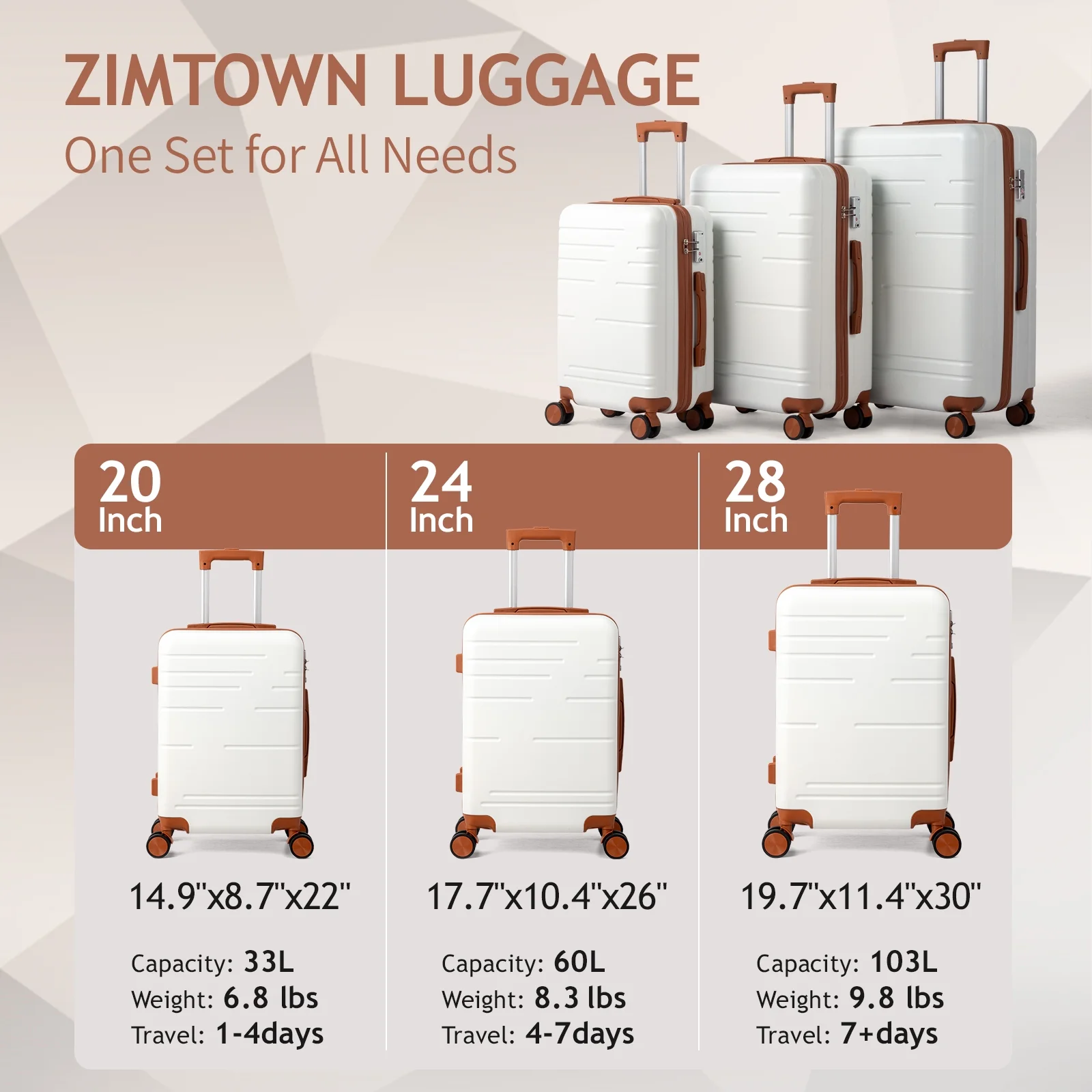 Zimtown Luggage 3 Piece Set Suitcase ABS Hardside Lightweight with TSA Lock Spinner Wheels, Beige