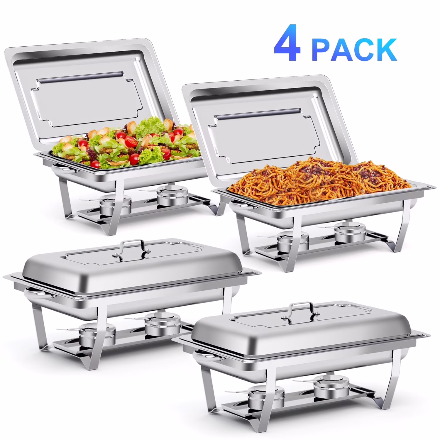 4 Pack Chafing Dishes for Buffet Set, Stainless Steel Catering Chafer, Serving Food Warmer with Lids, Food Water Pans Fuel Holders